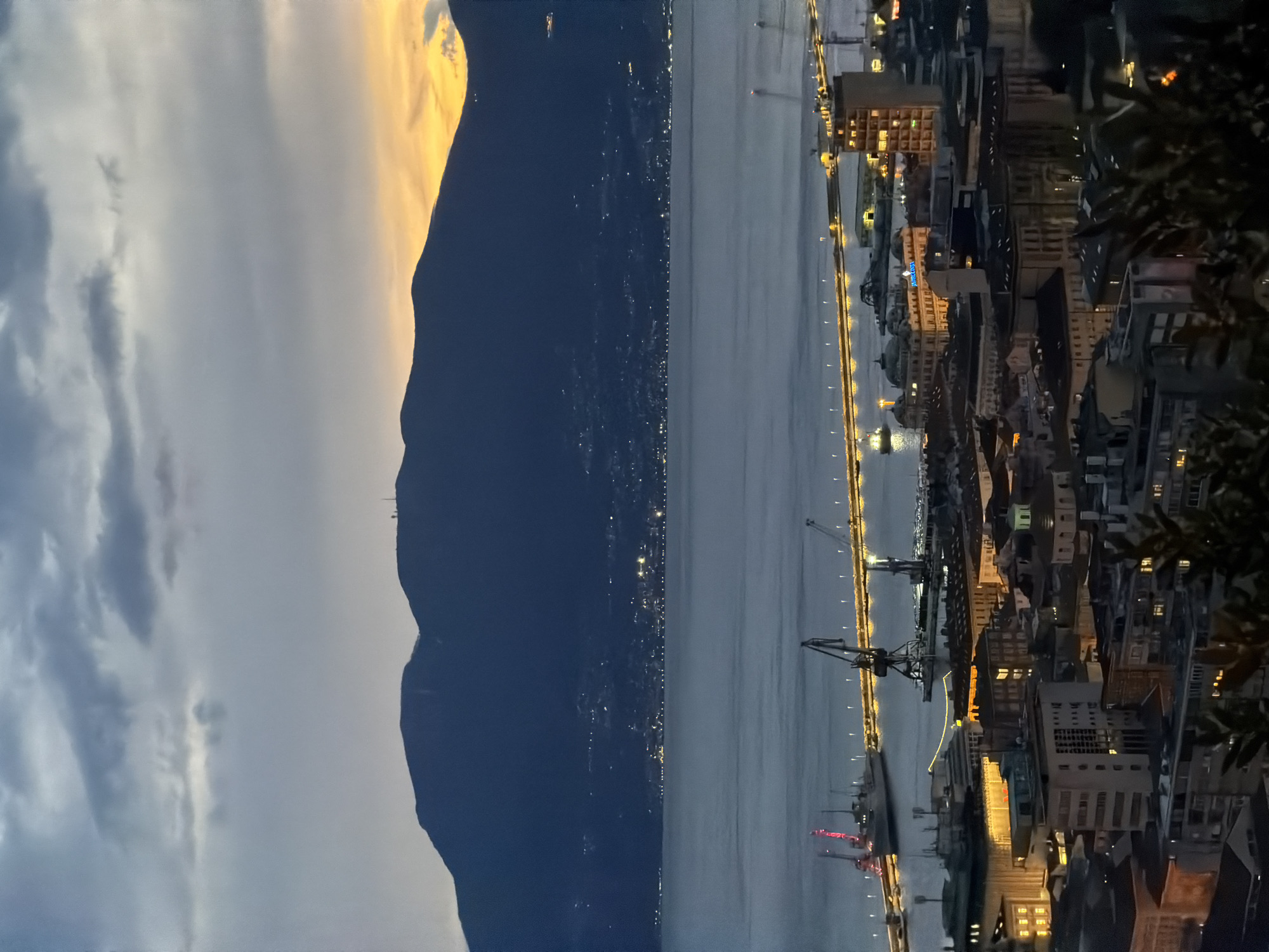 Aerial dusk view captures illuminated Rijeka cityscape and waterfront