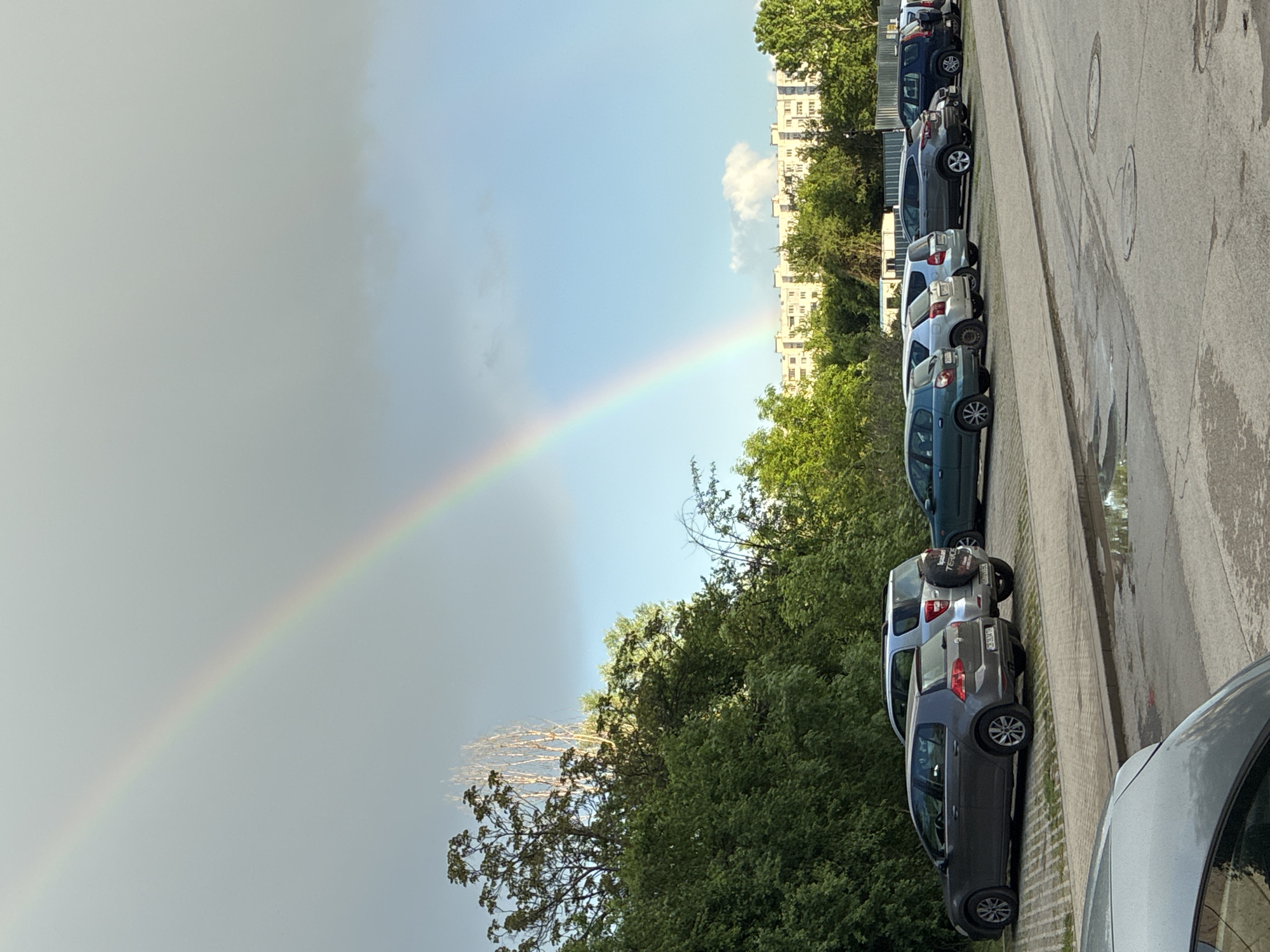 Rainbow spotted over Sofia street amid cloudy skies
