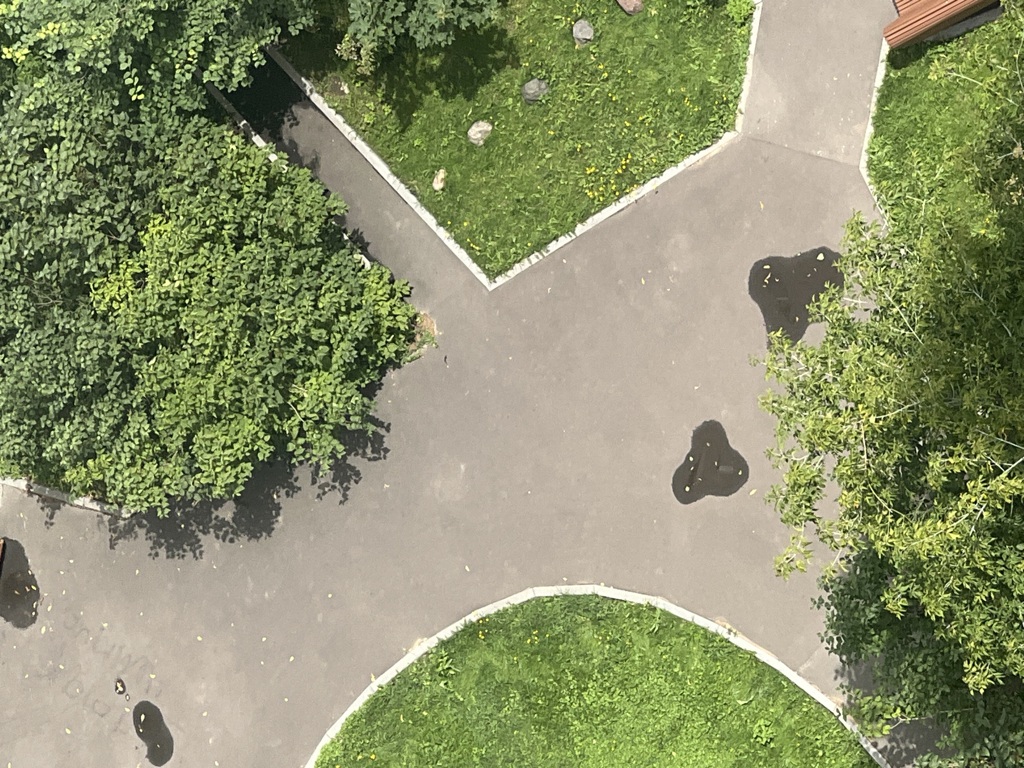 Aerial tour of a Moscow residential neighborhood's parks and courtyards