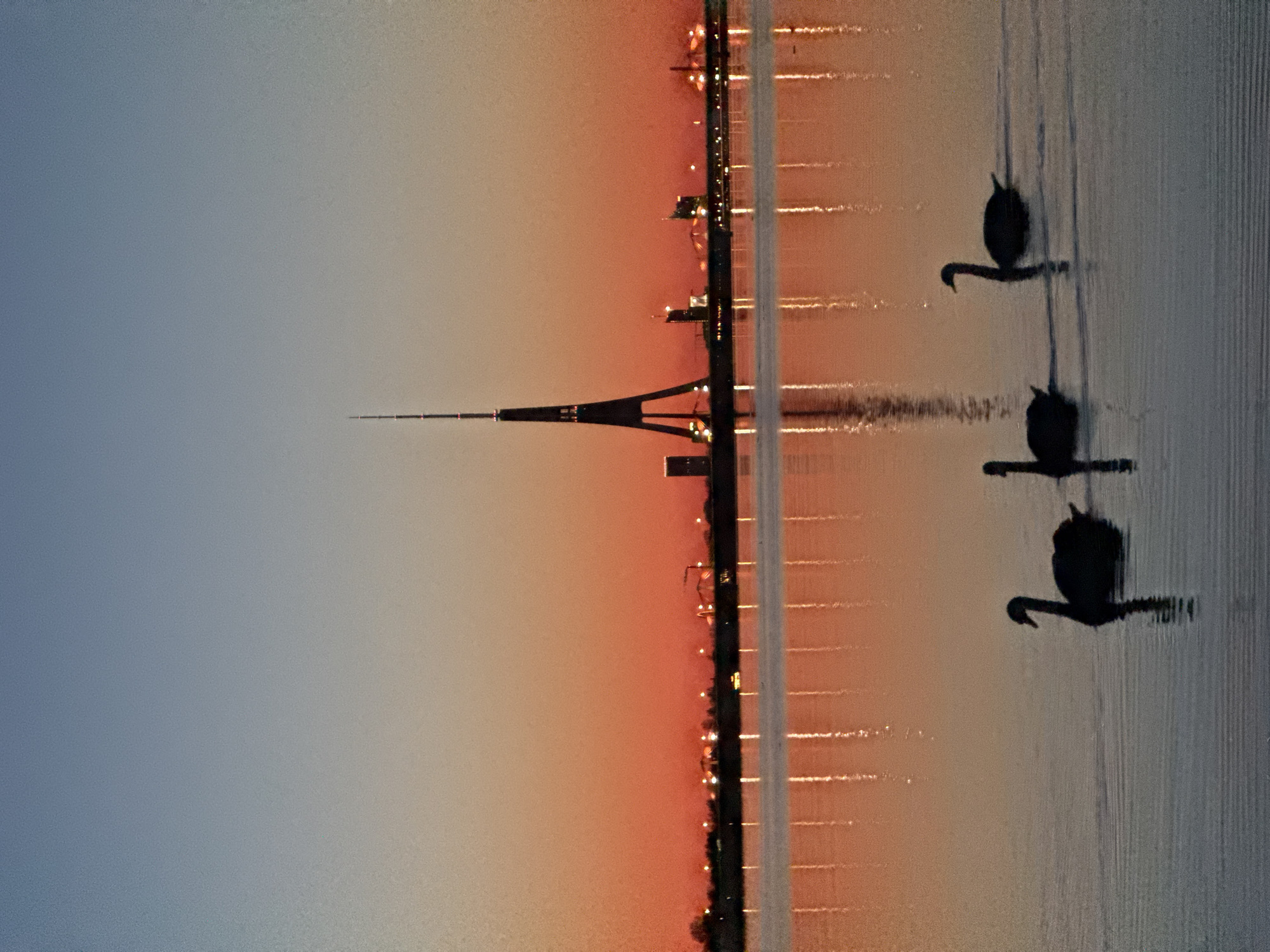 Sunset silhouette of Riga TV Tower captured across Daugava River