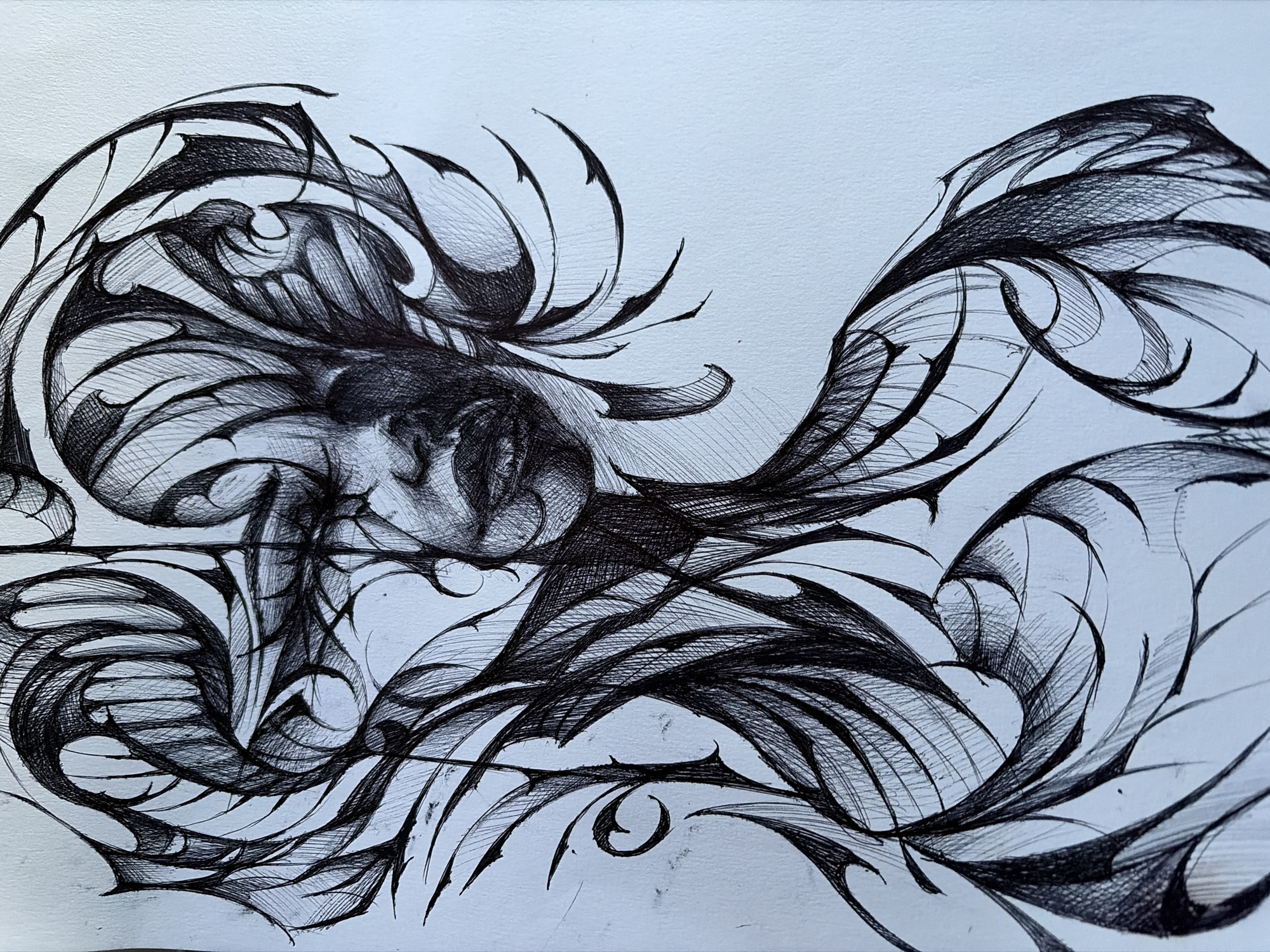 Abstract black and white drawing with cross-hatched shading documented
