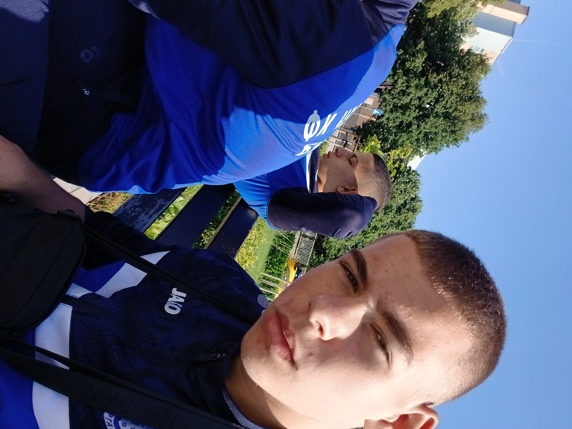 Young men take morning selfies in Burgas, Bulgaria