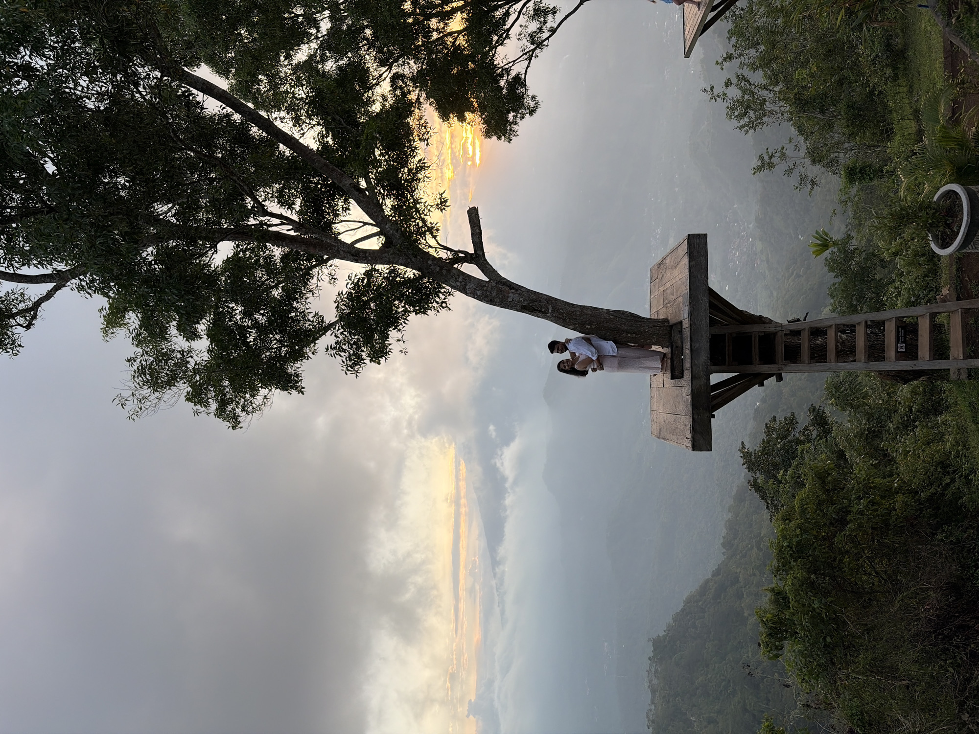 Treetop platform overlooks misty mountains in Abang, Indonesia