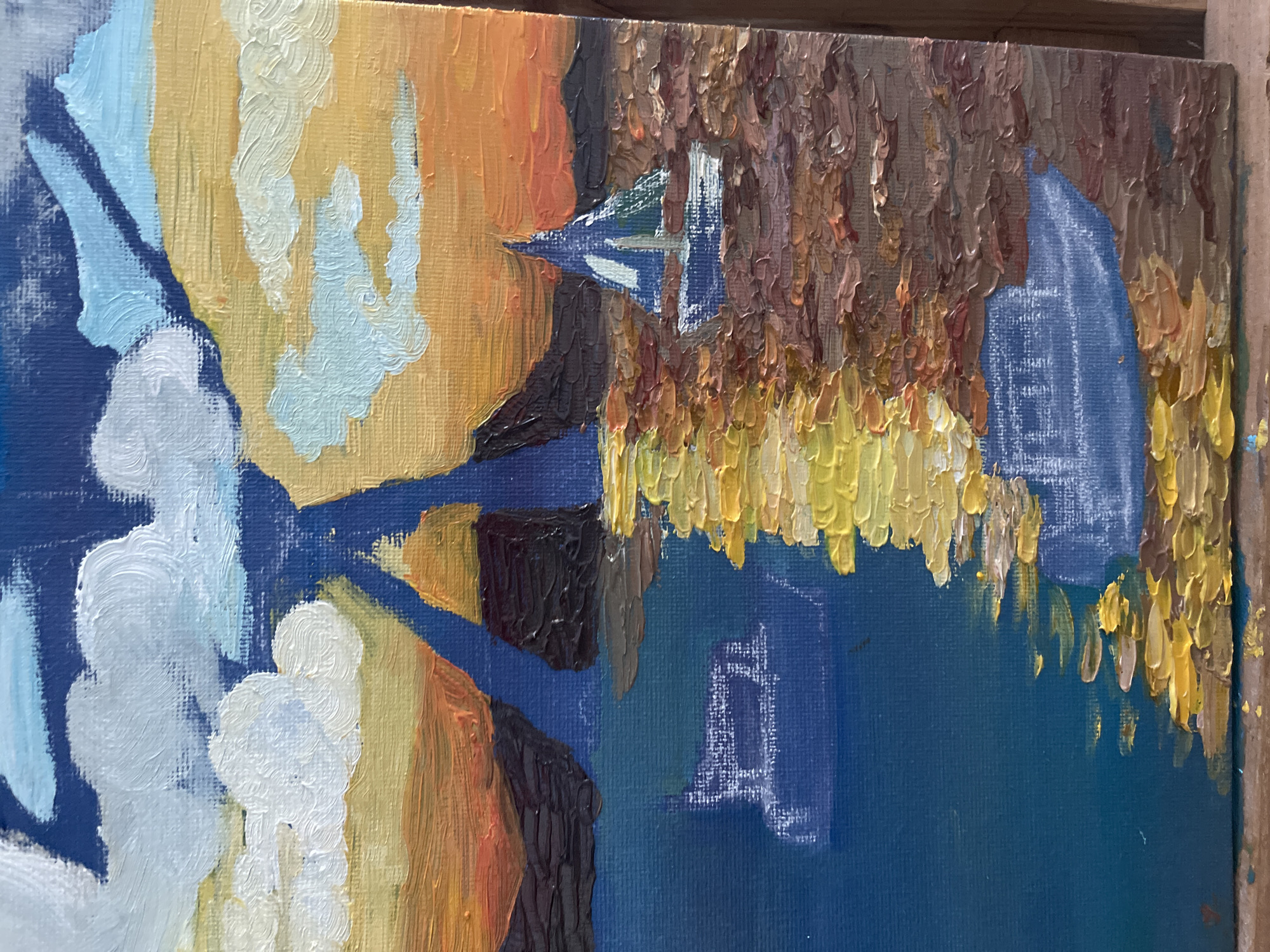 Artist works on impressionistic waterscape painting in Maidstone