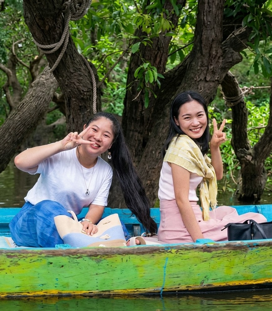 Morning boat tours navigate flooded forests in Cambodia