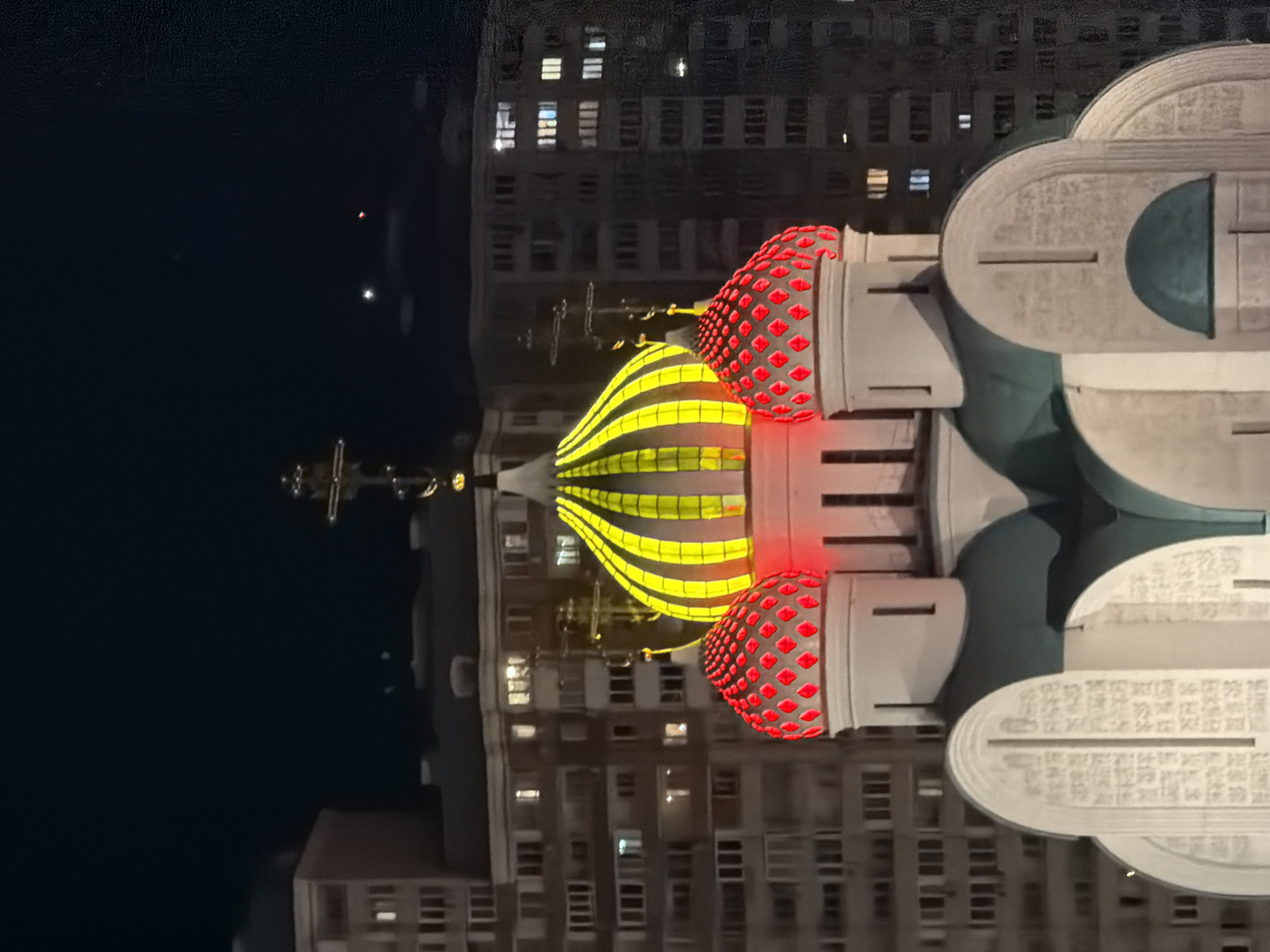 Late evening in Khimki: church domes lit up, quiet park bench moment