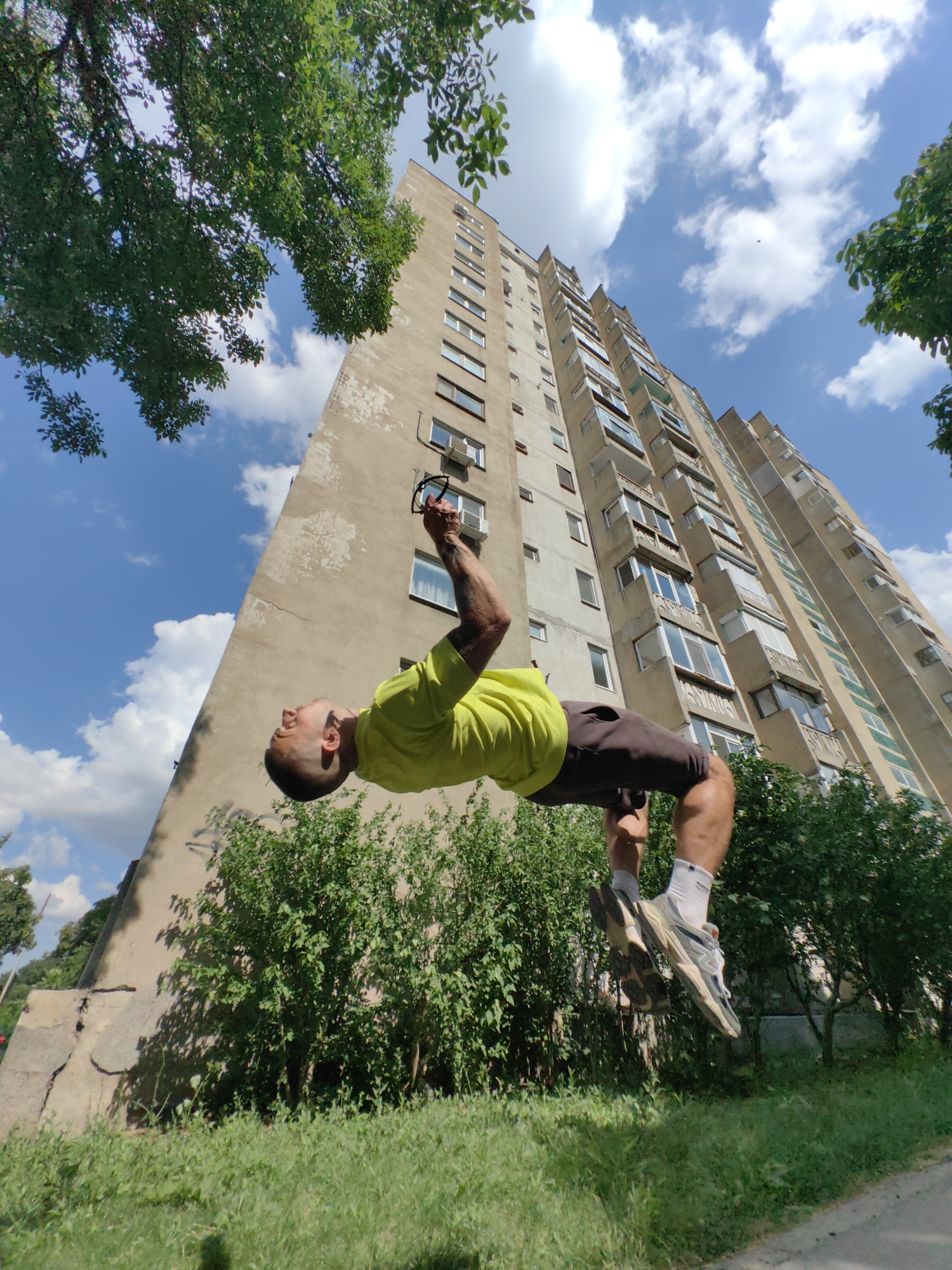 Parkour session outside a Brutalist apartment block in Shumen