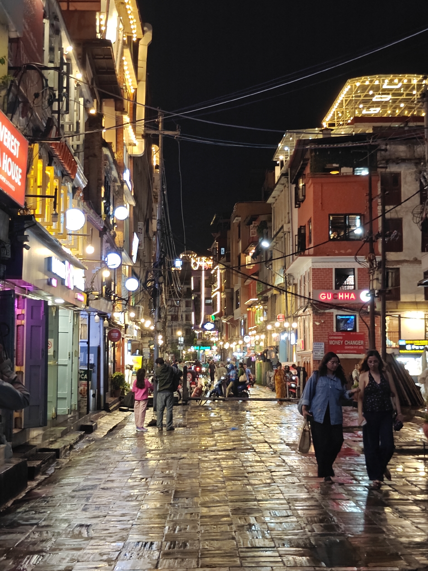 Thamel night streets lead to pizza and coffee in Kathmandu