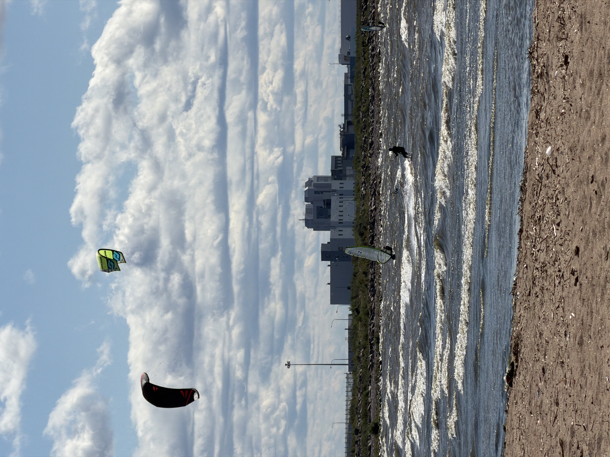 Kitesurfing and a beach dog near Saint Petersburg's industrial coast