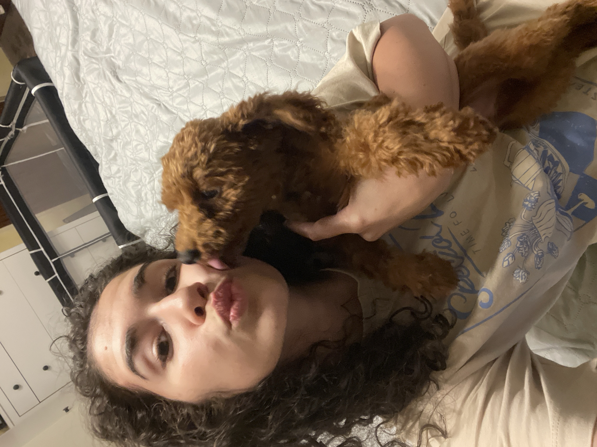Woman recuperates in bed with poodle puppy companion