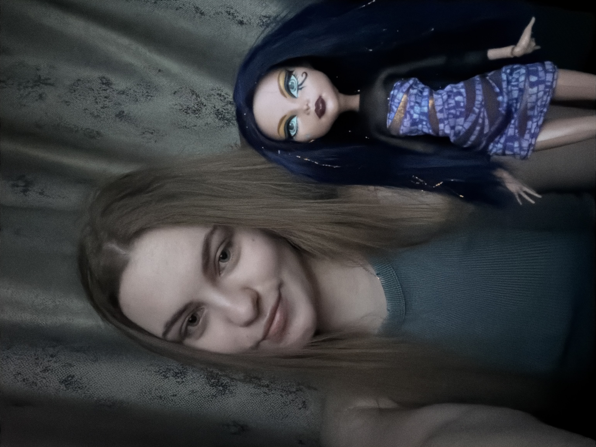 Casual indoor selfie session with a doll and a book, Dnipro