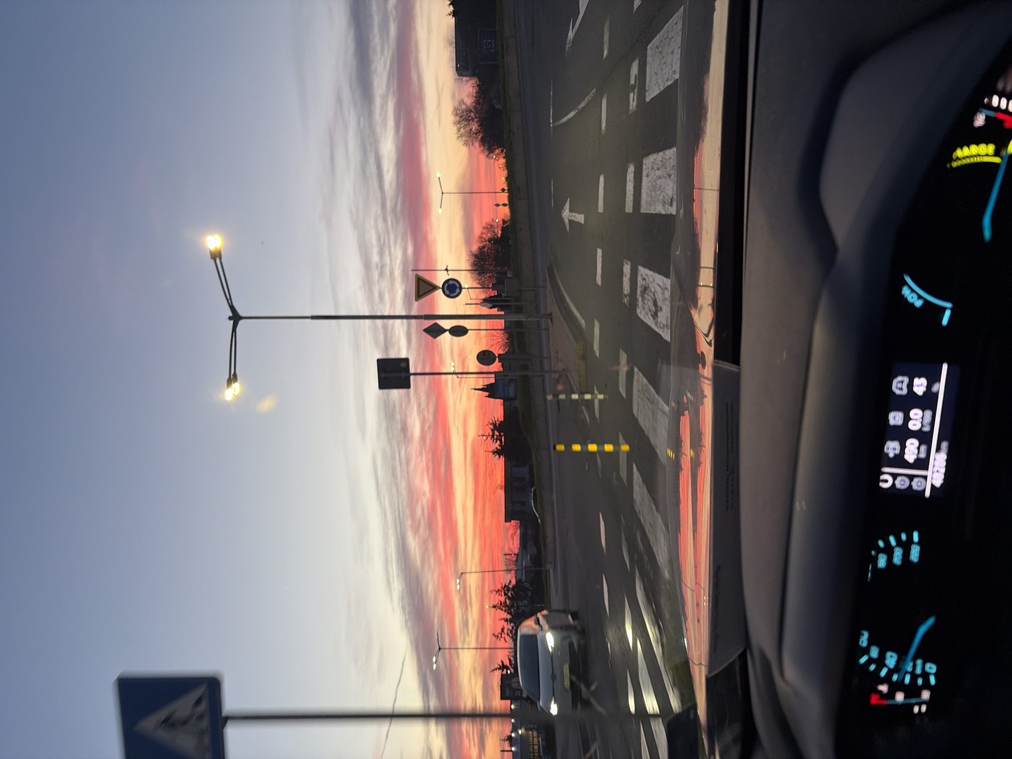 Sunset captured from vehicle in Burgas, Bulgaria street scene