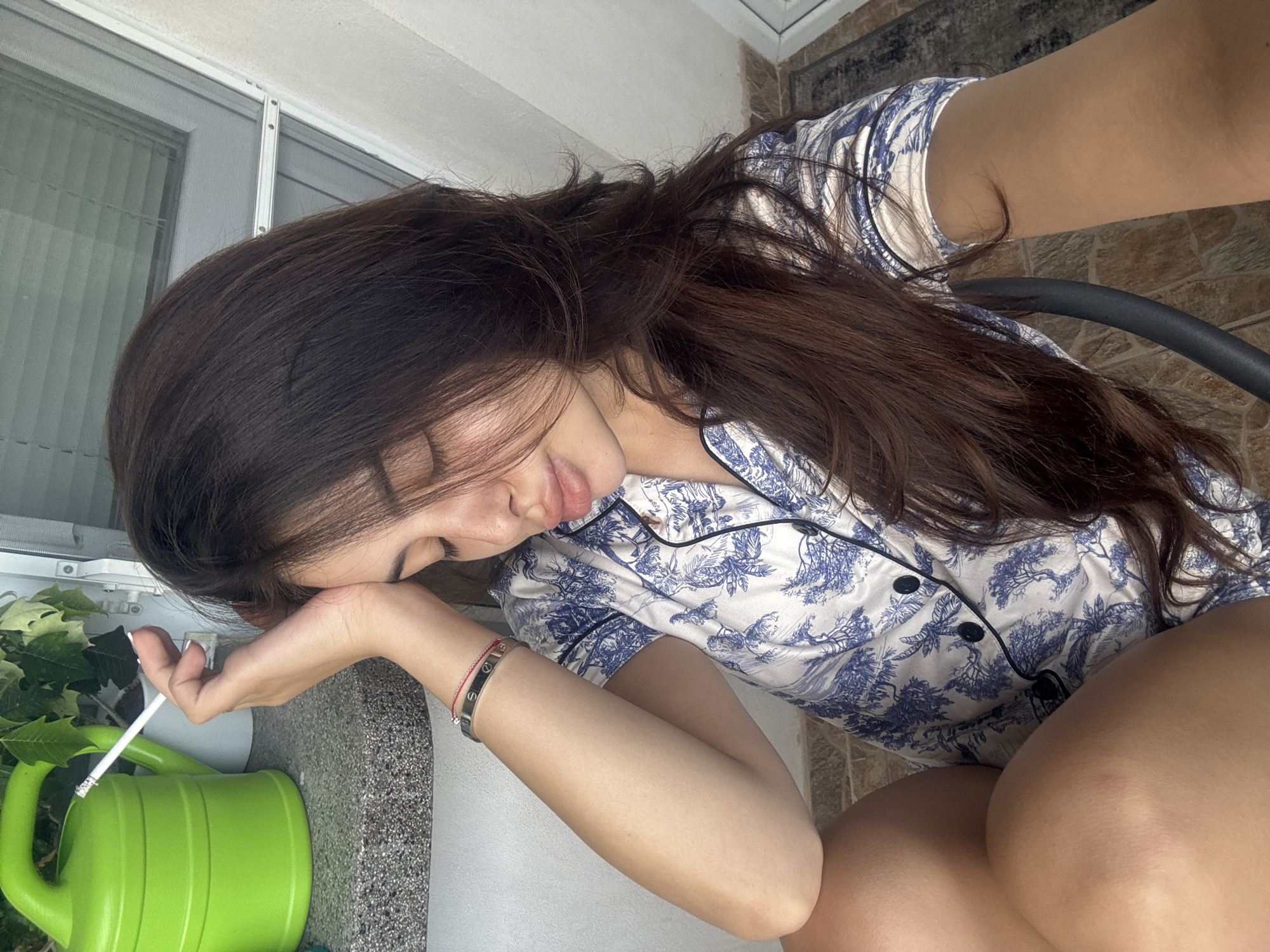 Woman's lazy afternoon selfie session in pajamas, Plovdiv