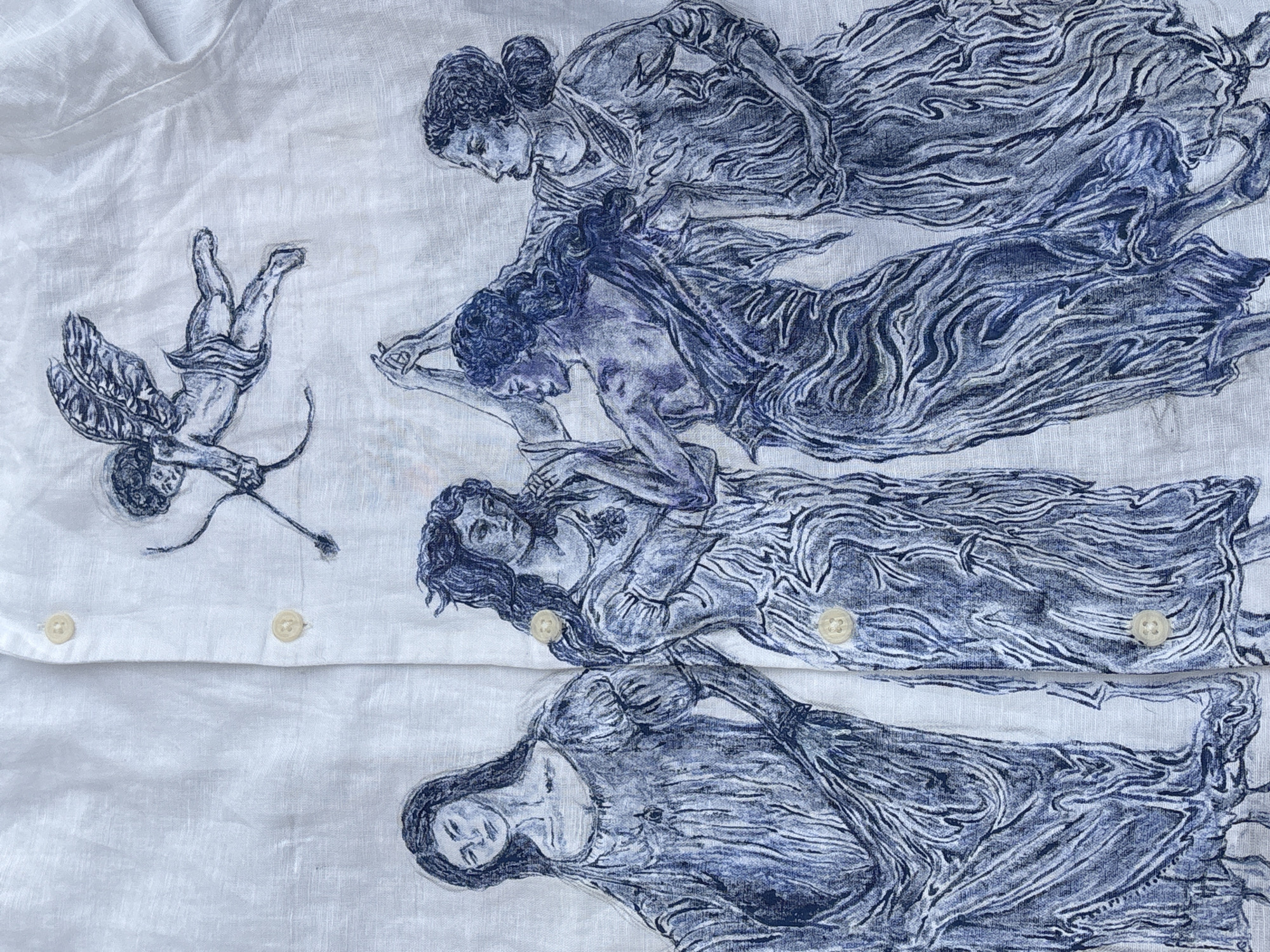 Classical blue pattern documented on white fabric in Leeds