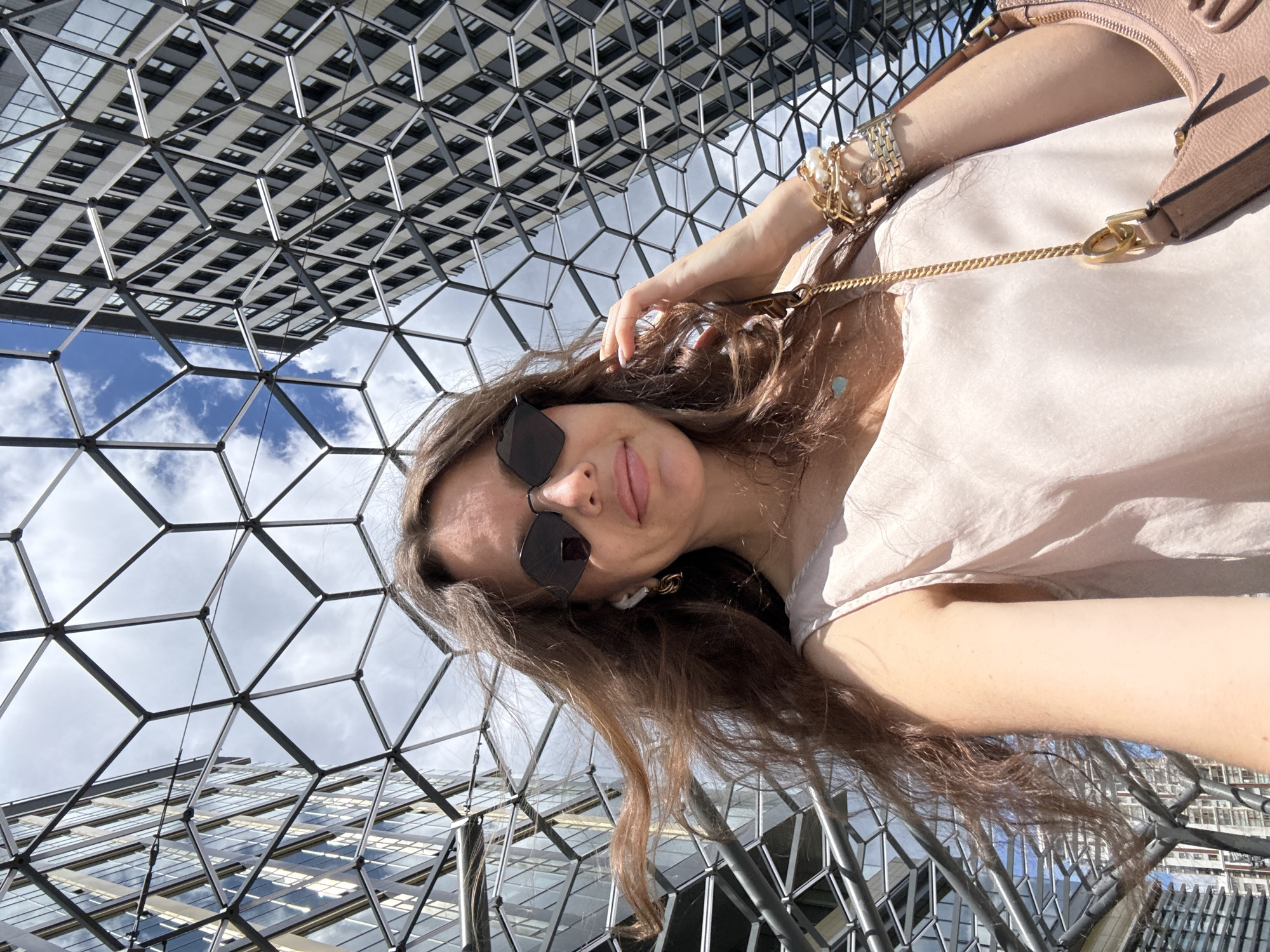Morning at a modern Moscow plaza with geometric architecture