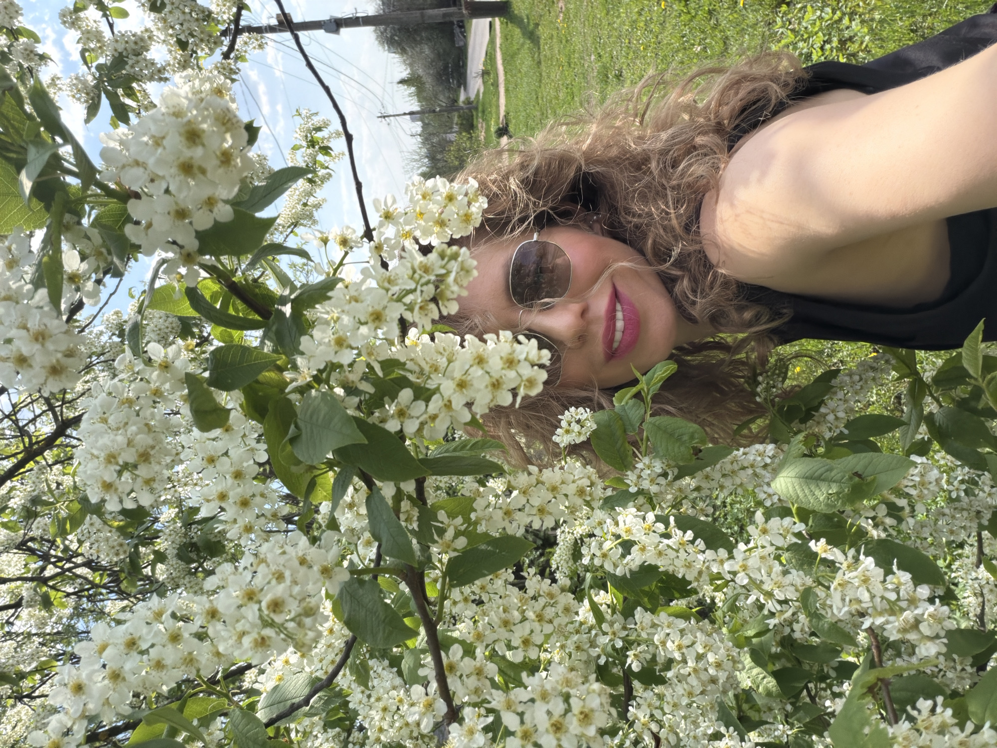 Woman photographs spring blossoms in sunny outdoor setting