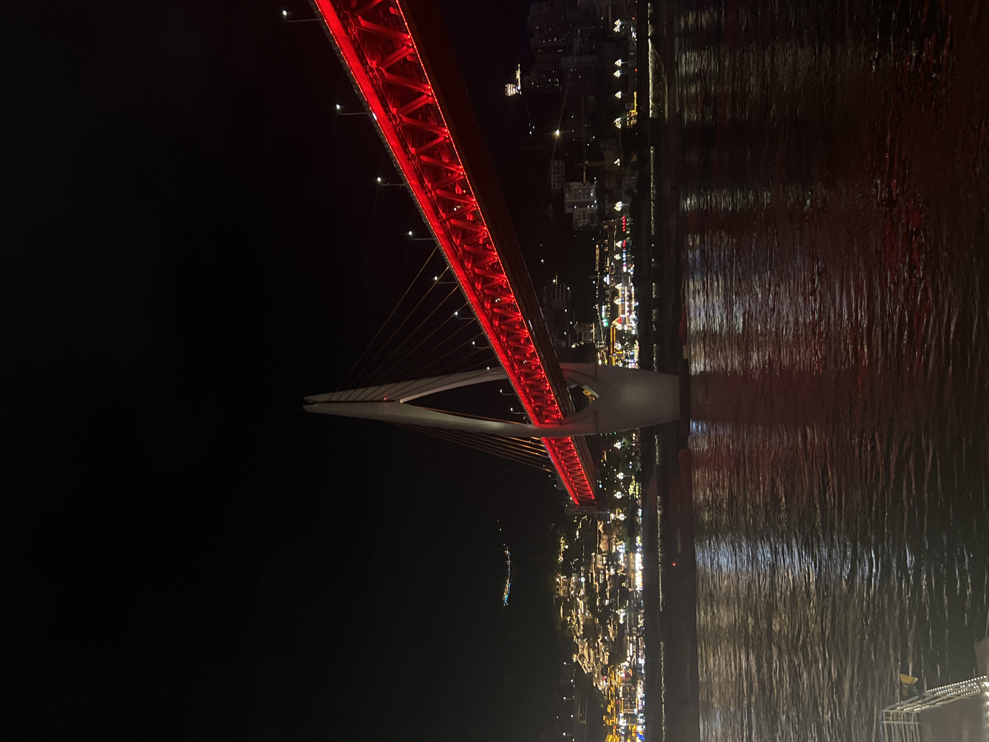 Chongqing's red-lit Hongyadong Bridge at night, cruise ship passing beneath