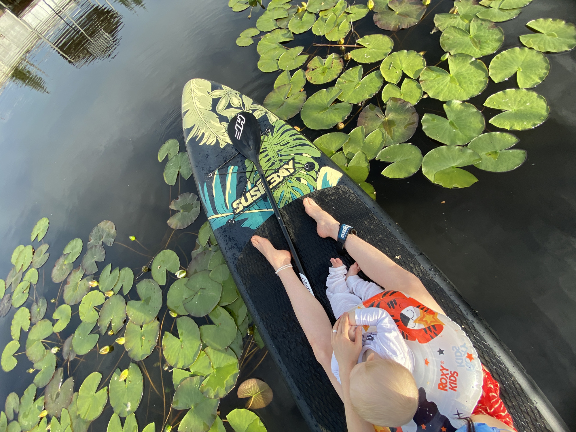 Paddleboarding among lily pads and river traffic near Chaikovsky