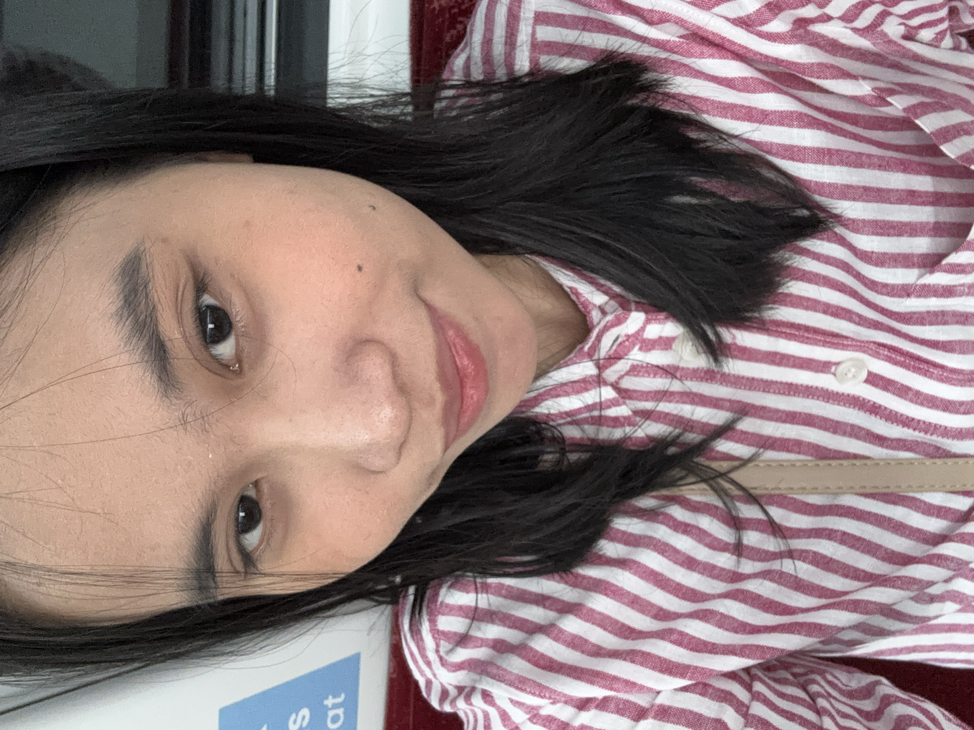 Selfie series in East Jakarta, pink striped shirt, midday