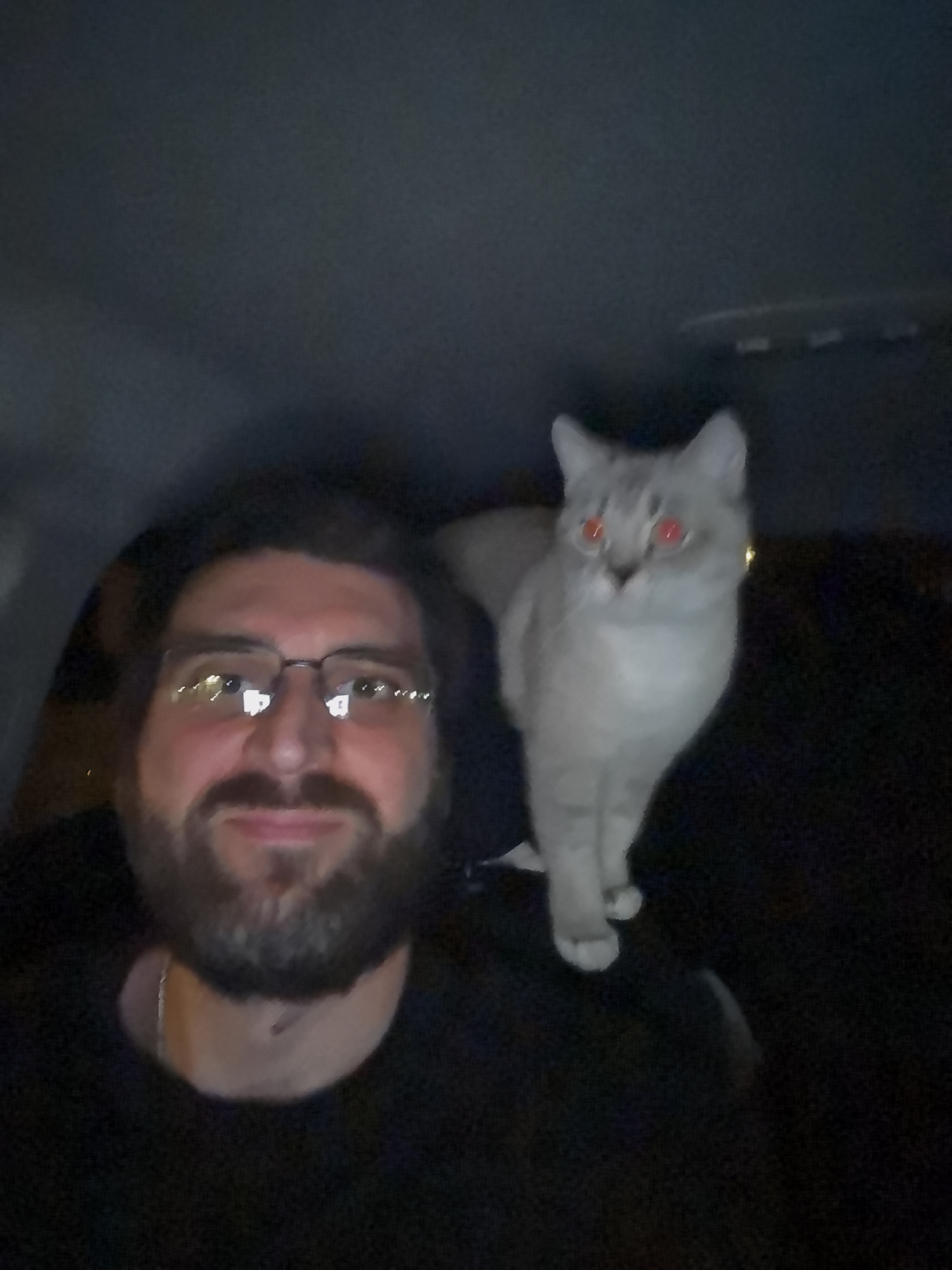 Low-light interior shot inside what appears to be a vehicle