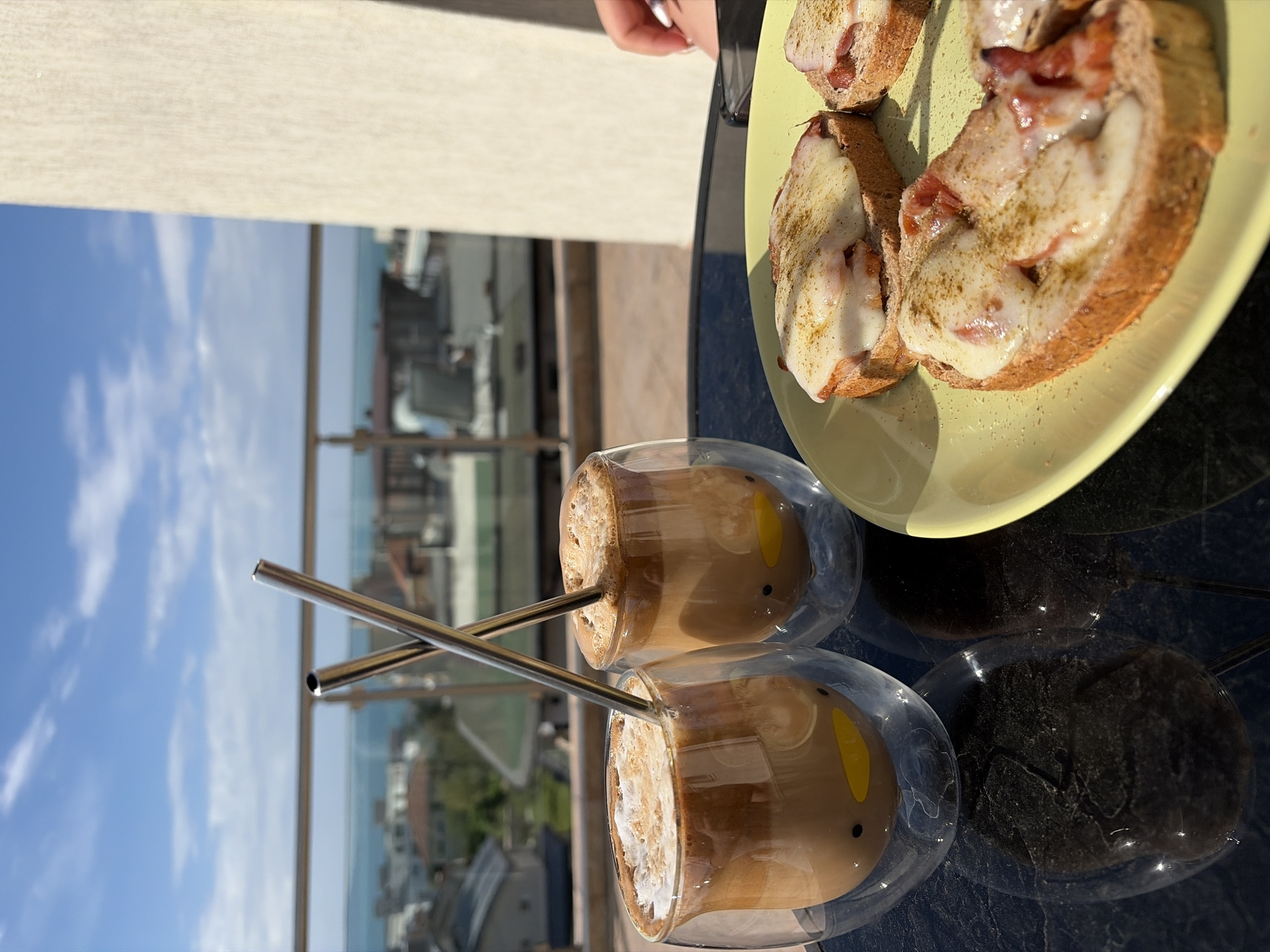 Morning breakfast scene captured in Burgas with novelty glassware