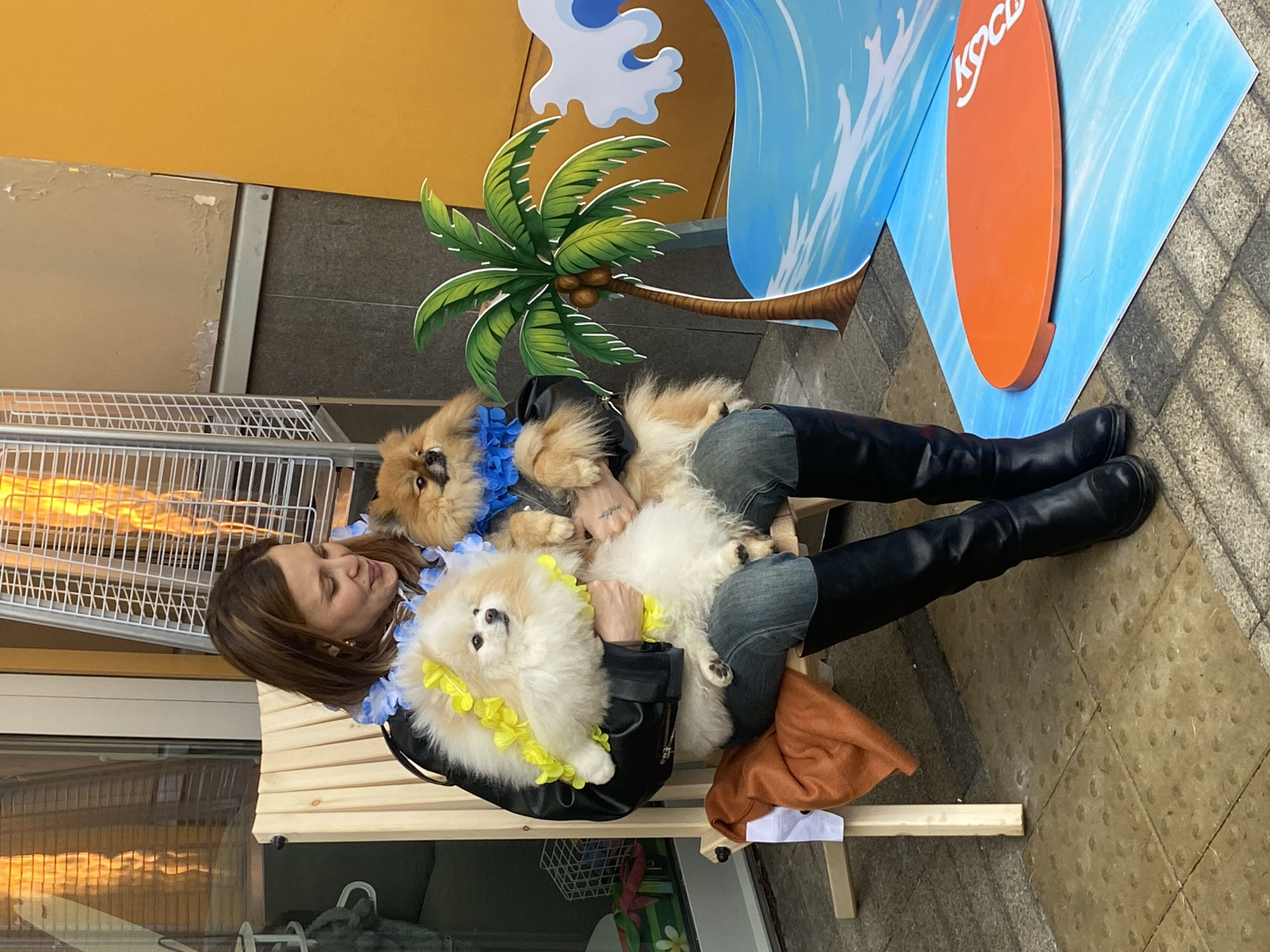 Woman sits with lei-wearing dogs on Moscow bench