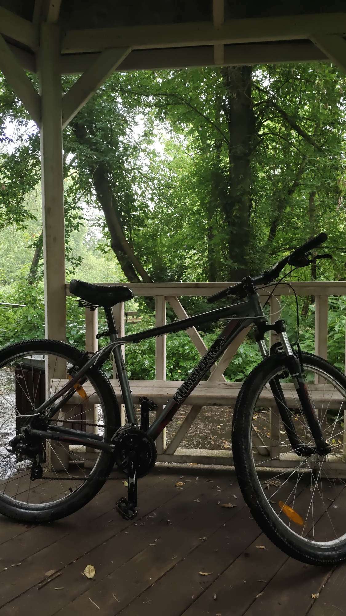 Bicycle parked at a forest gazebo in Podosinki, Russia