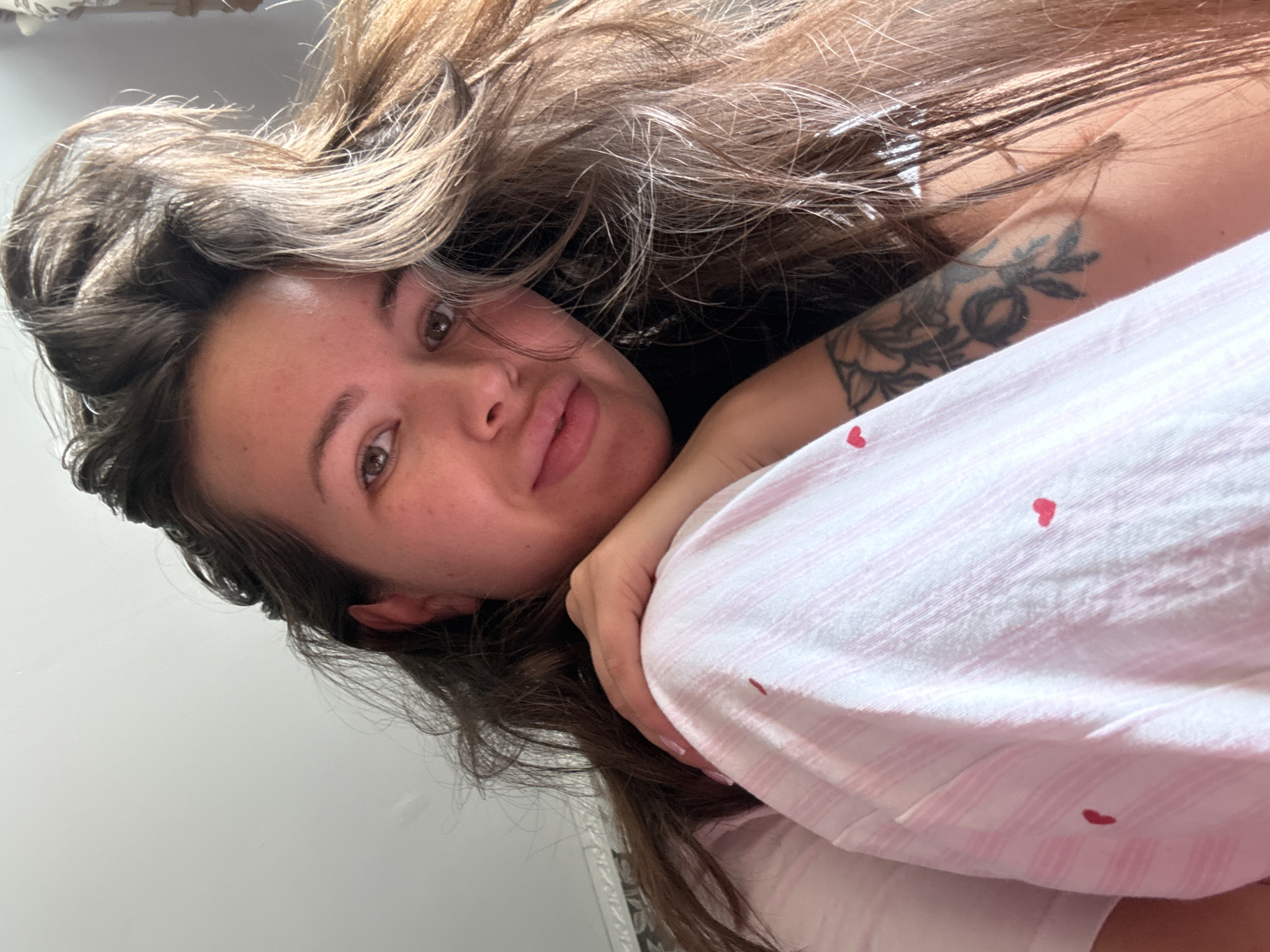 Morning bedroom selfies in striped pajamas, Bely Yar
