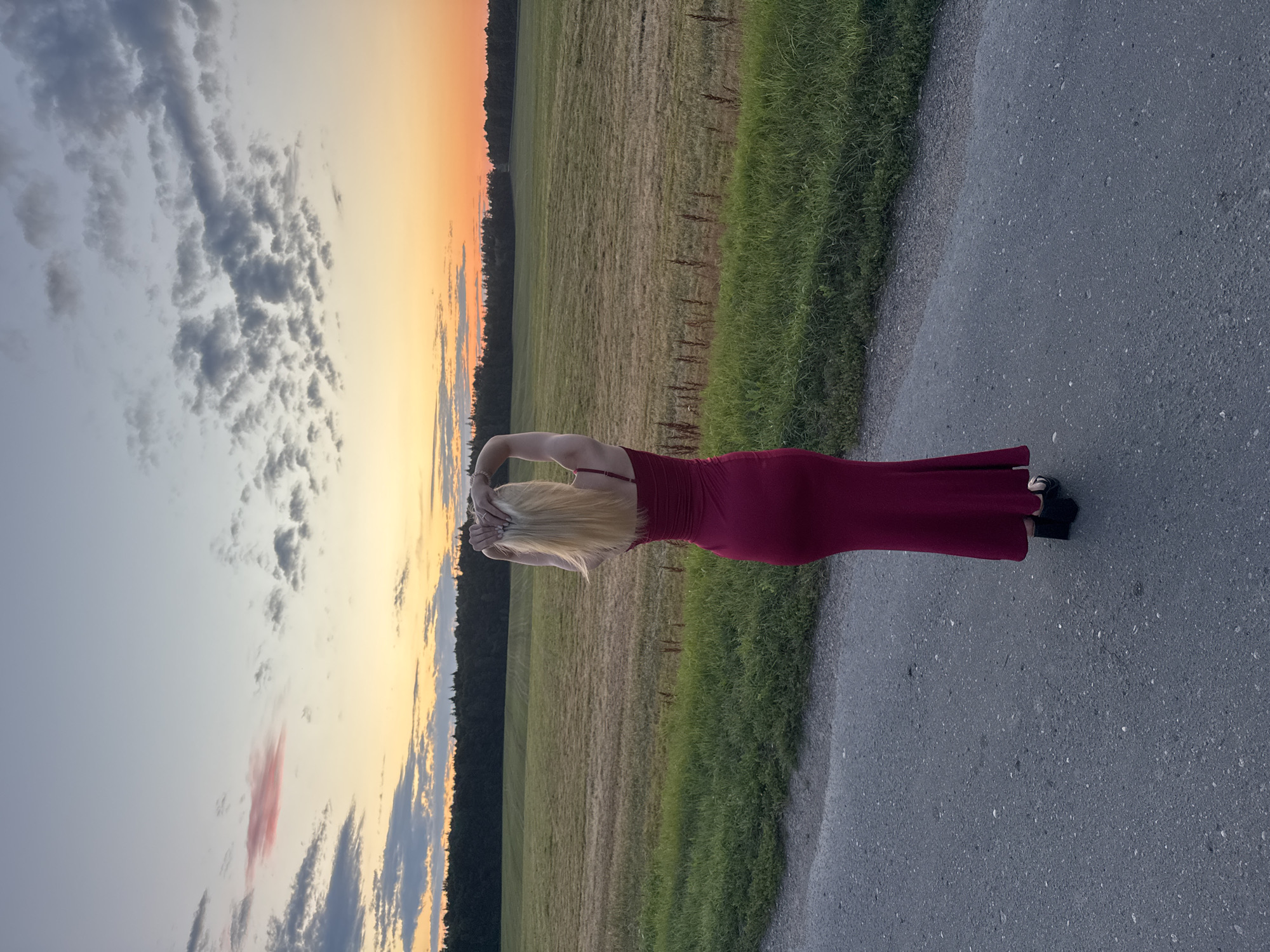 Heart gestures and a sunset, viewed from the hood of a car.