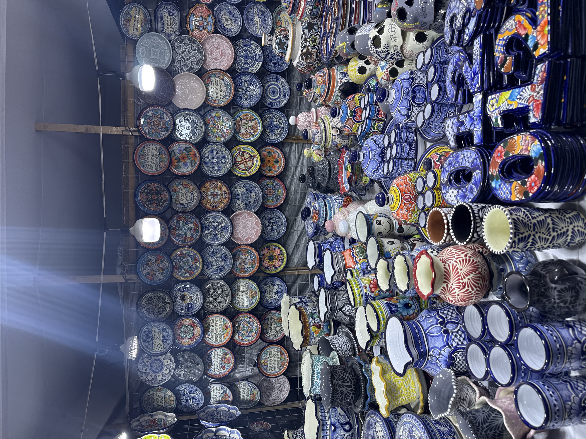 Traditional Talavera pottery display showcased in Cholula, Mexico