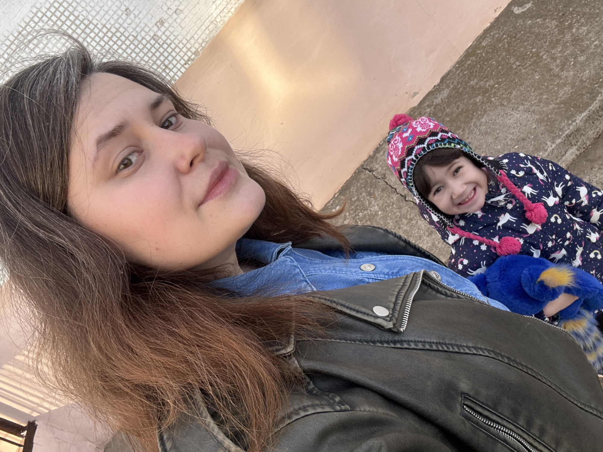 Woman and child take winter selfies in Chaikovsky, Russia