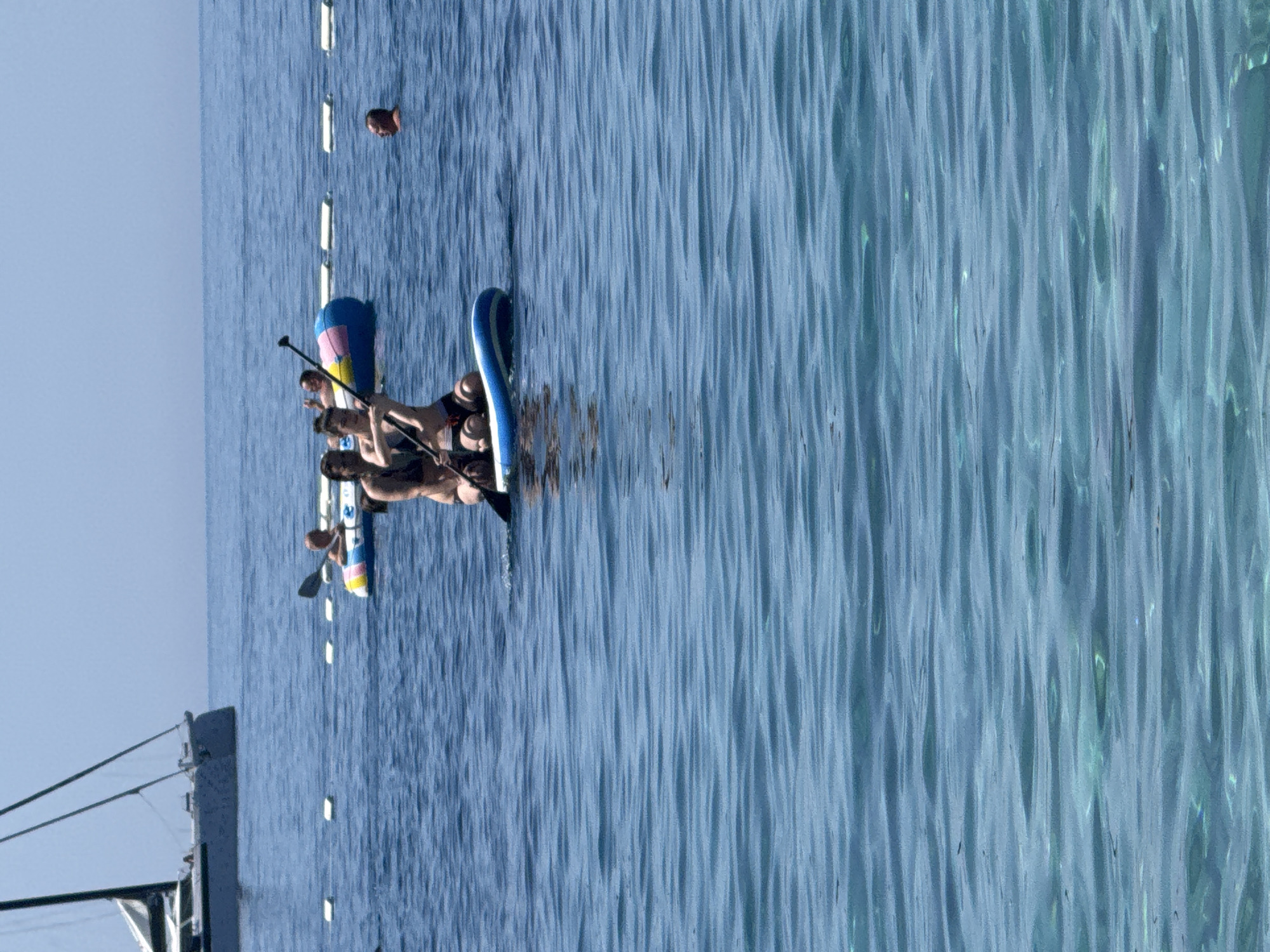 Paddleboarding and swimming on a calm, sunny coastal morning