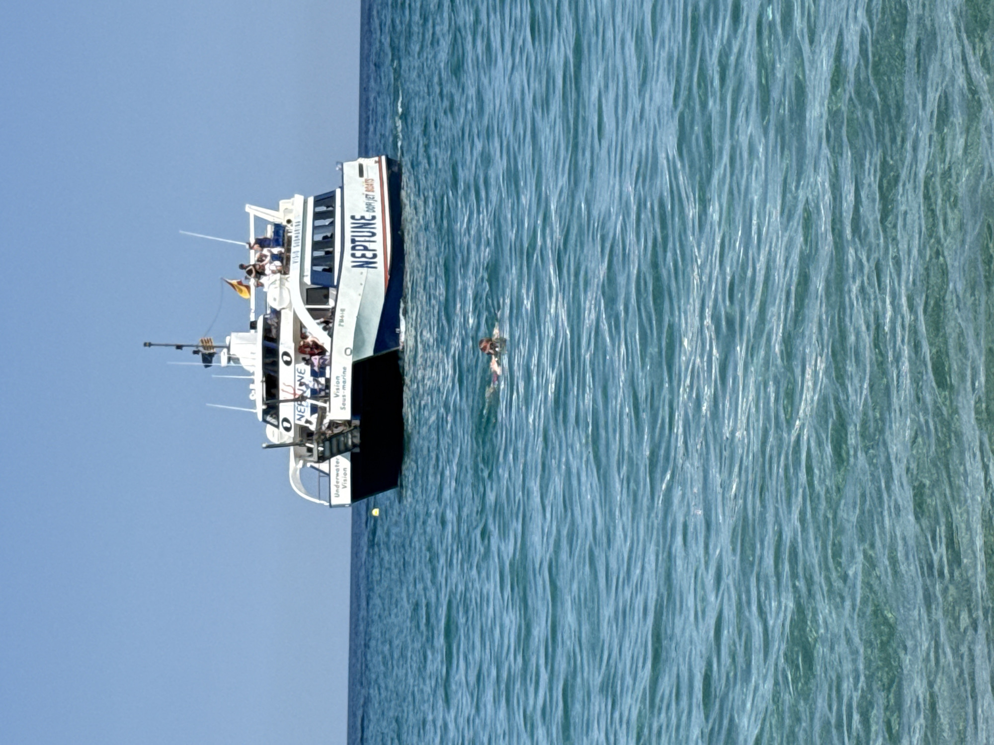 Neptune catamaran works the Blanes shoreline on a packed summer afternoon