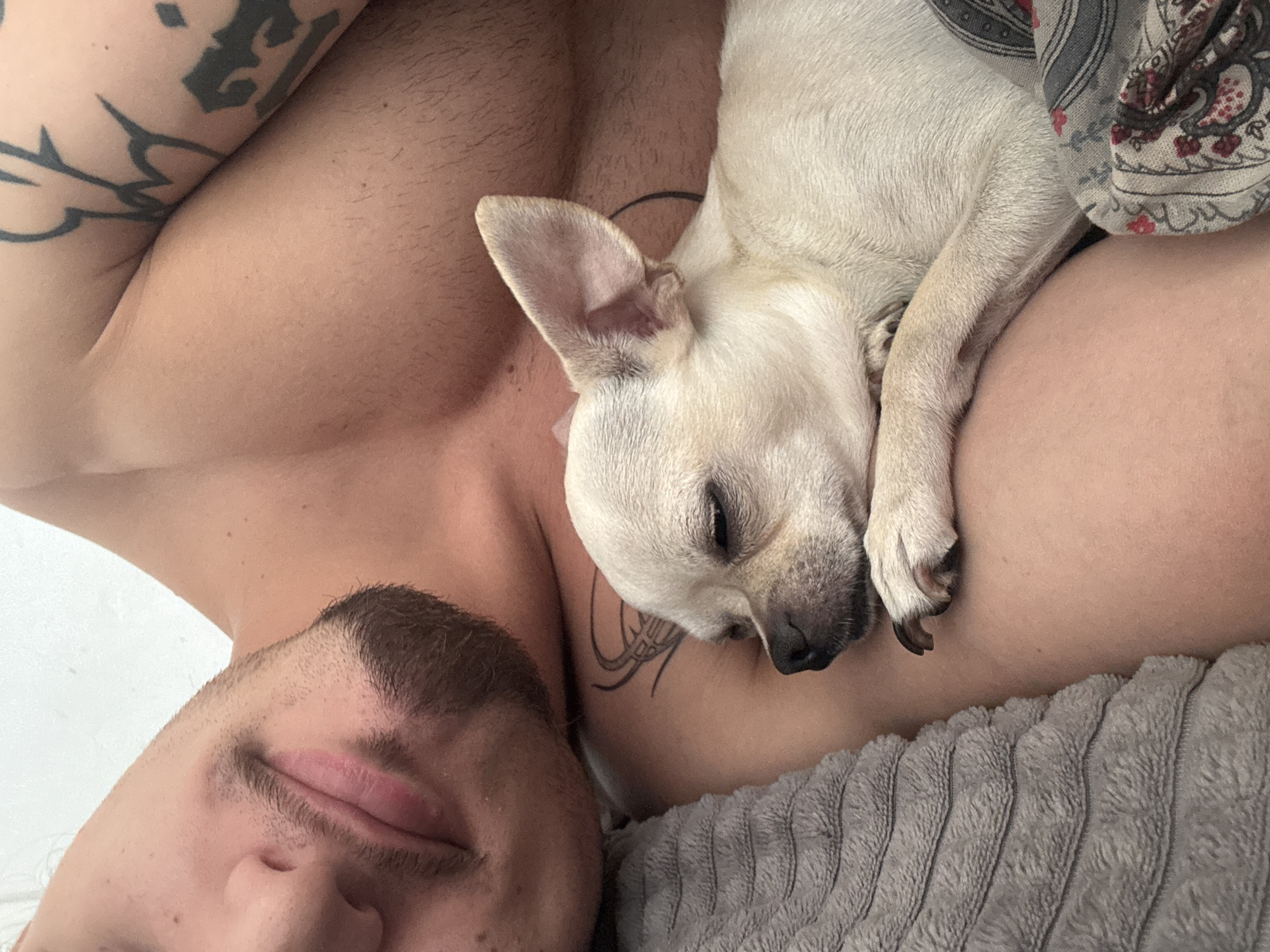 Man and dog rest together indoors in Sofia