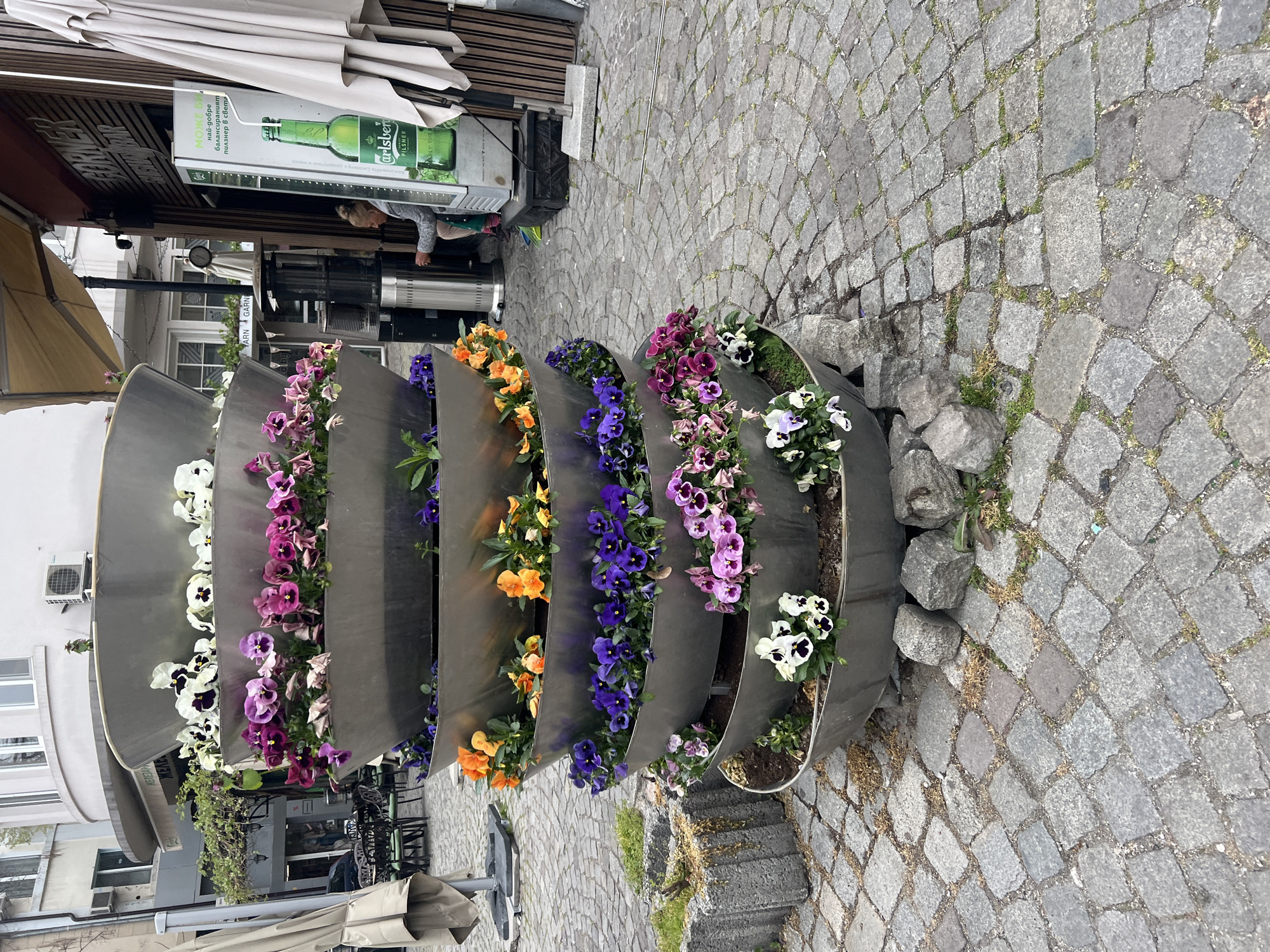 Morning scenes captured from Plovdiv's historic cobblestone dining district