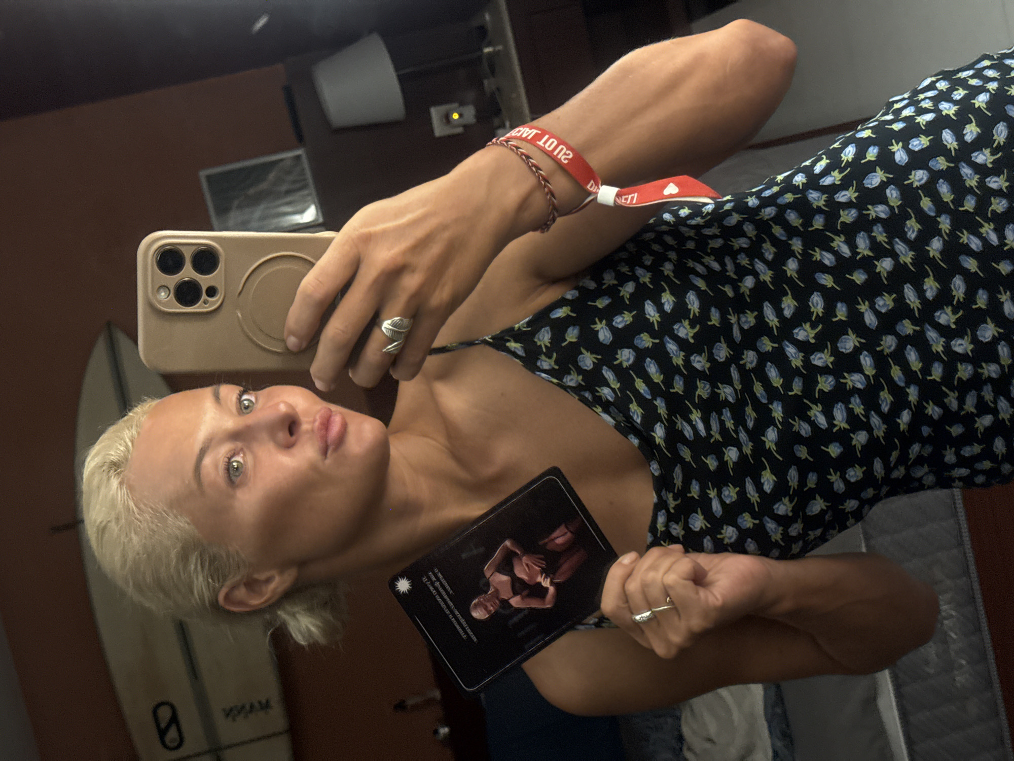 Mirror selfies and handmade pearl necklace work at home