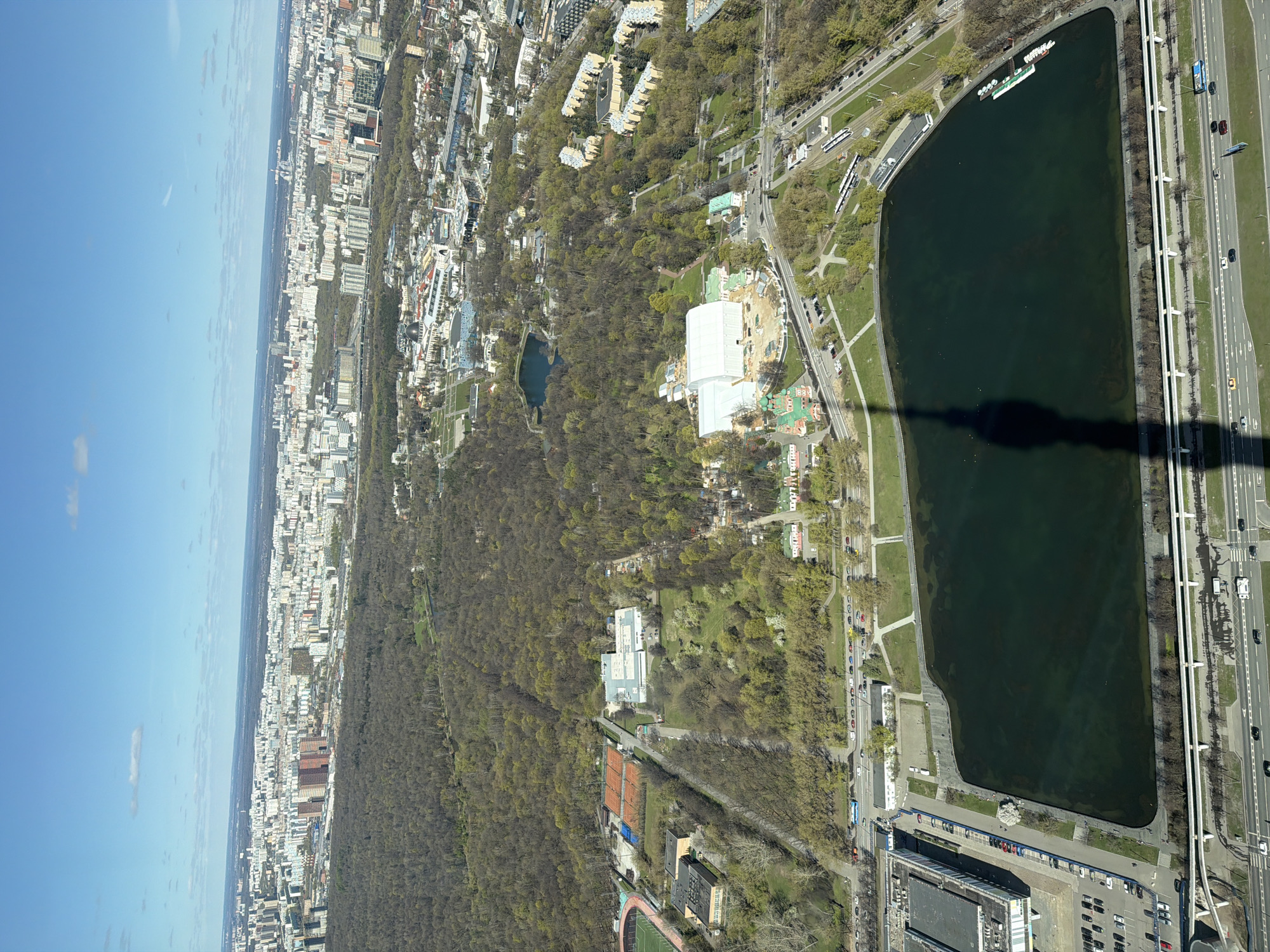 Aerial view documents Khimki's rectangular lake near highway