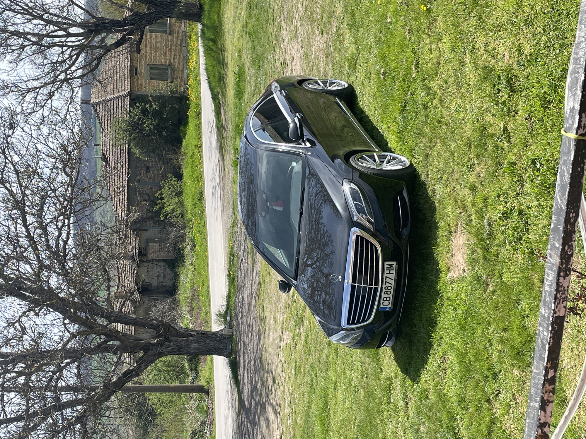Mercedes sedan parked on grass in rural Bulgarian village