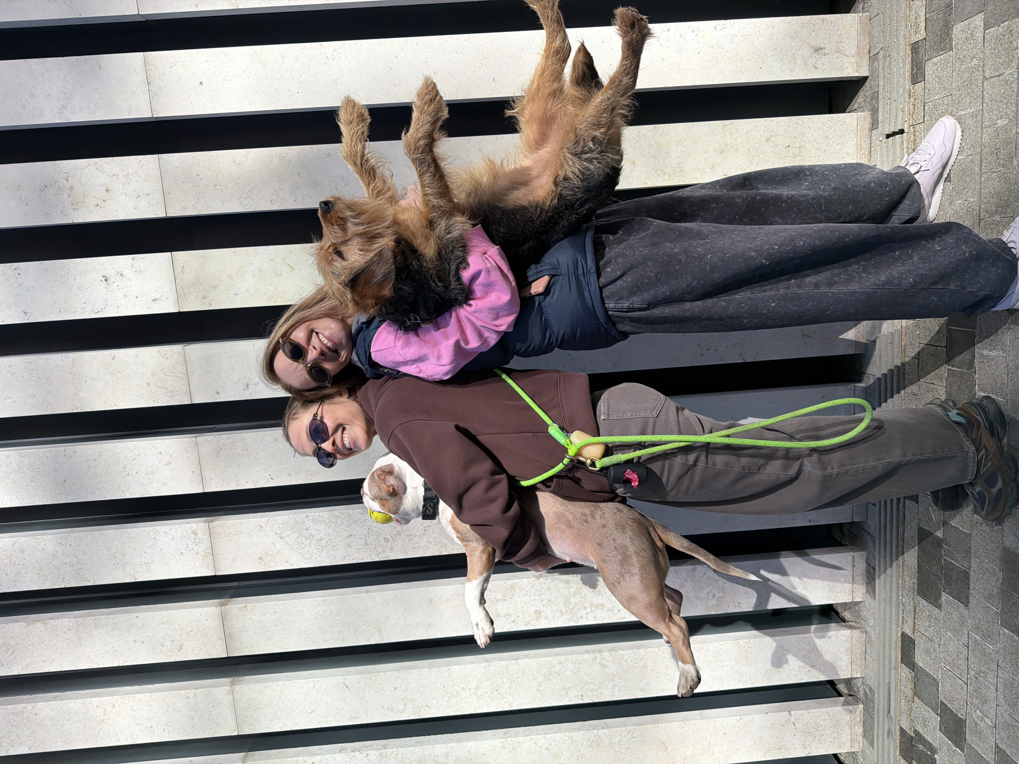 Women with dogs relax on Moscow building steps