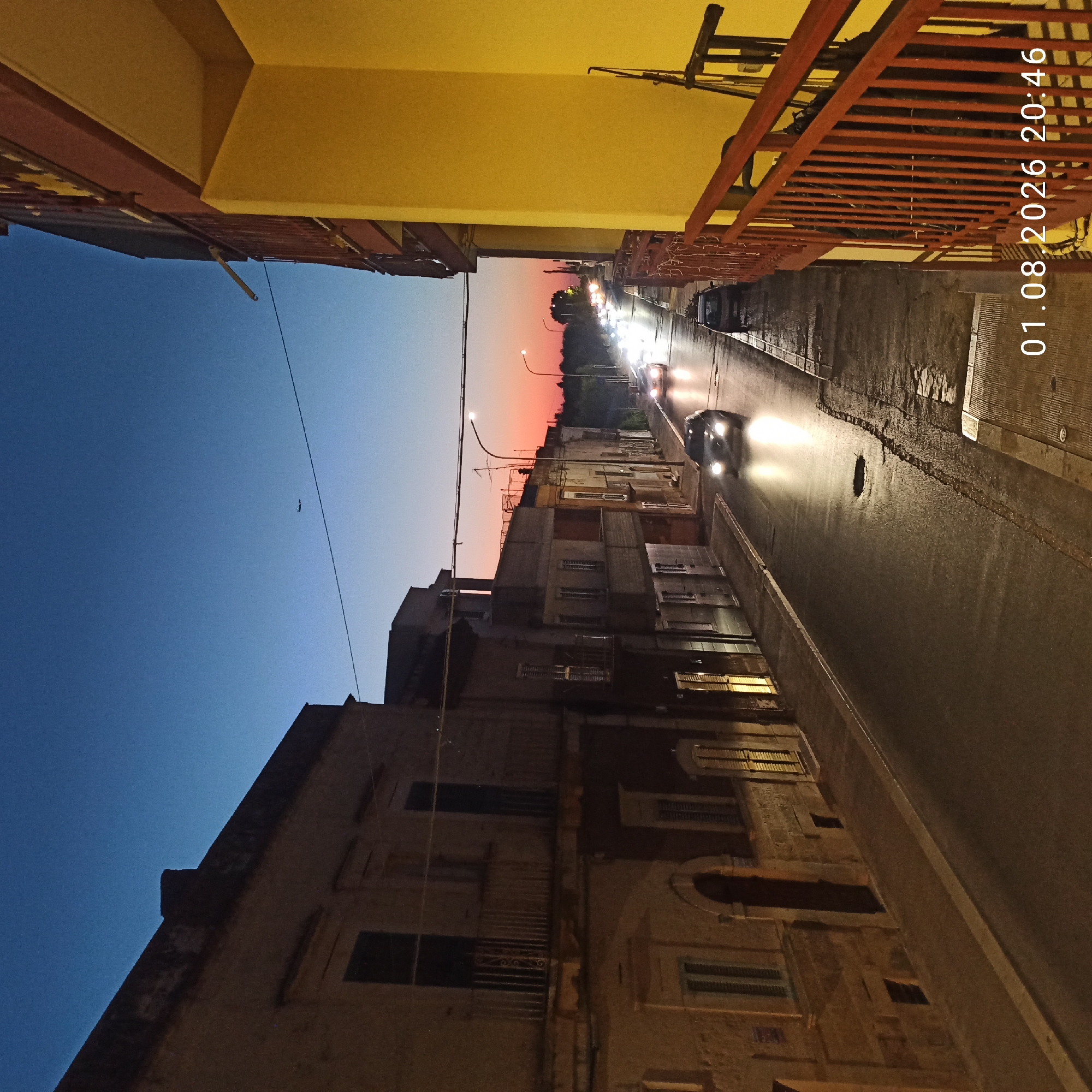 European street at dusk, plus a staked potted plant.
