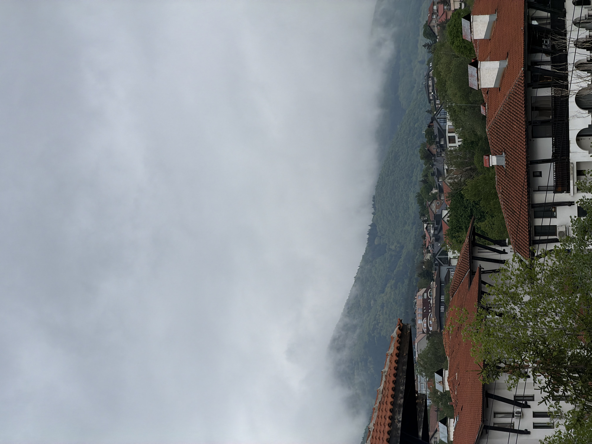 Morning fog obscures mountain views in Sofia, Bulgaria