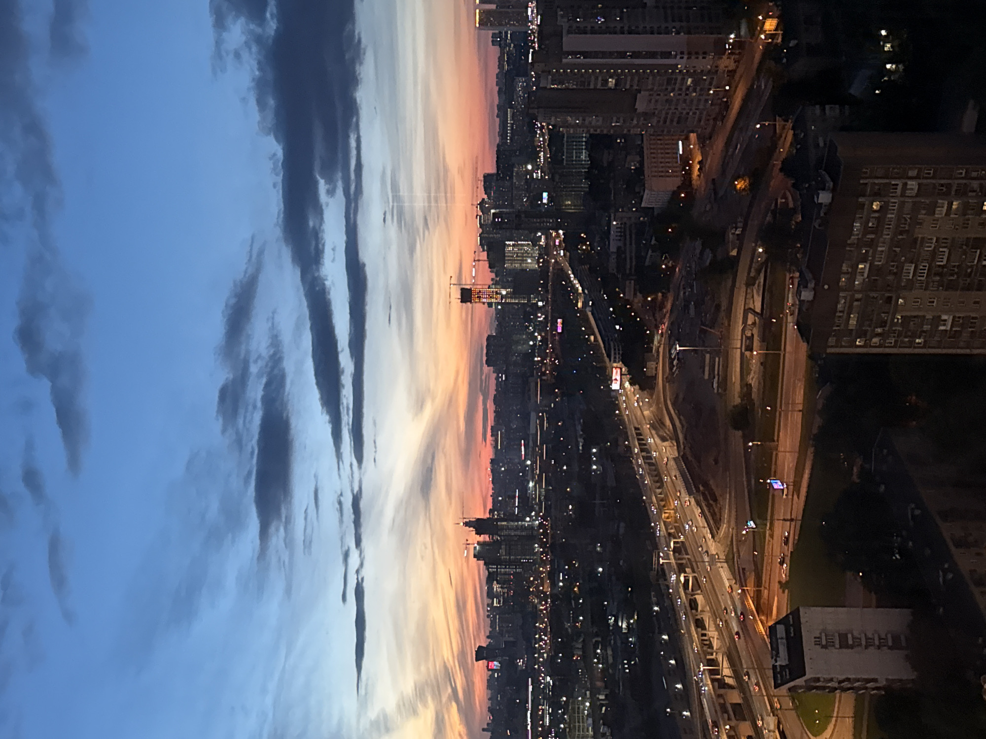 Khimki skyline at dusk, golden hour to nightfall