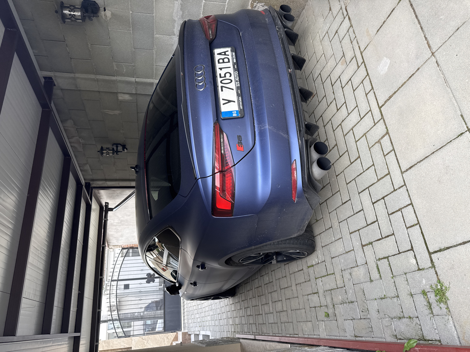 Domestic scene: Audi parked, dog playing in Yambol backyard