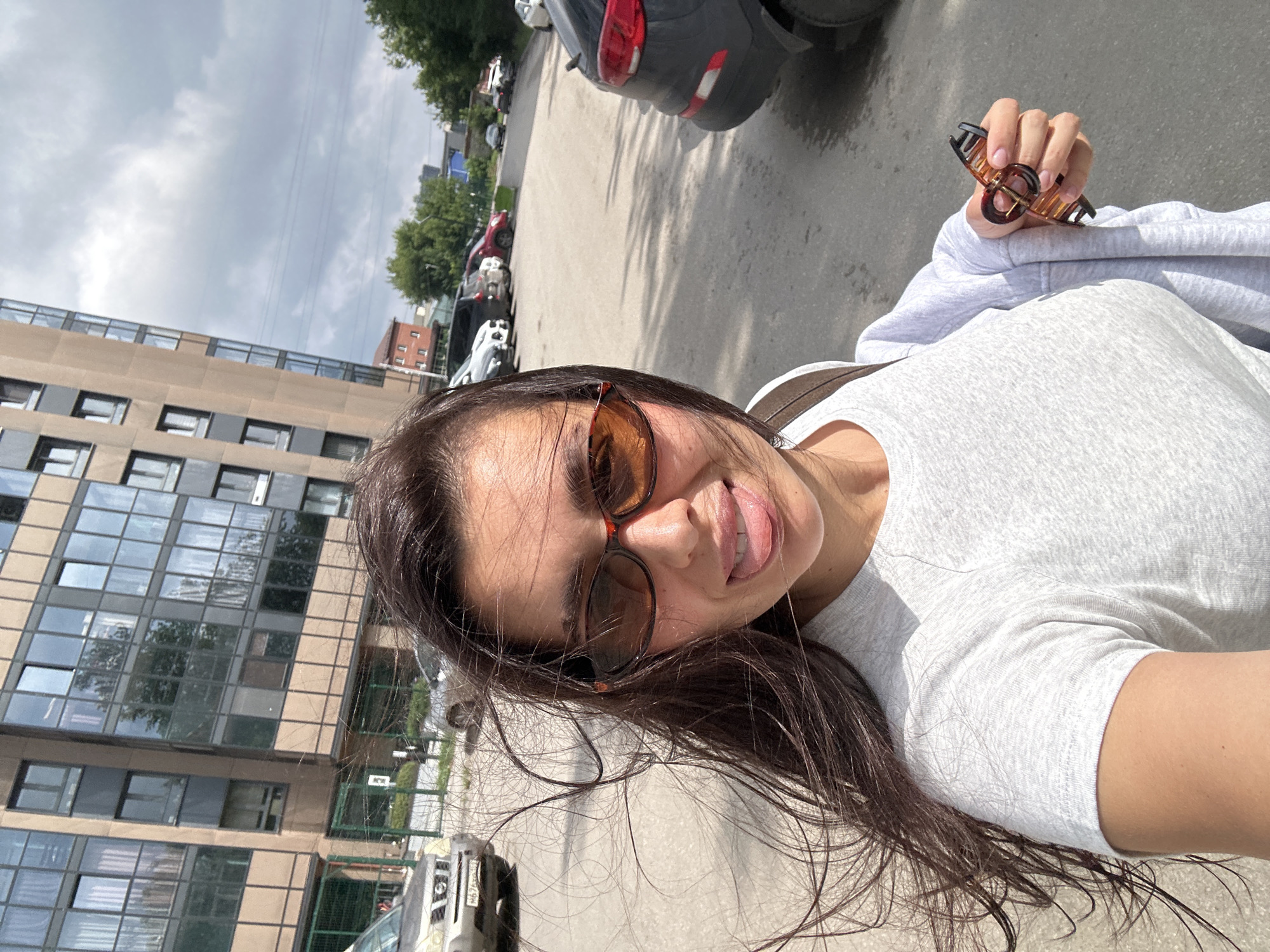 Quick selfie series around a Perm apartment building, July morning