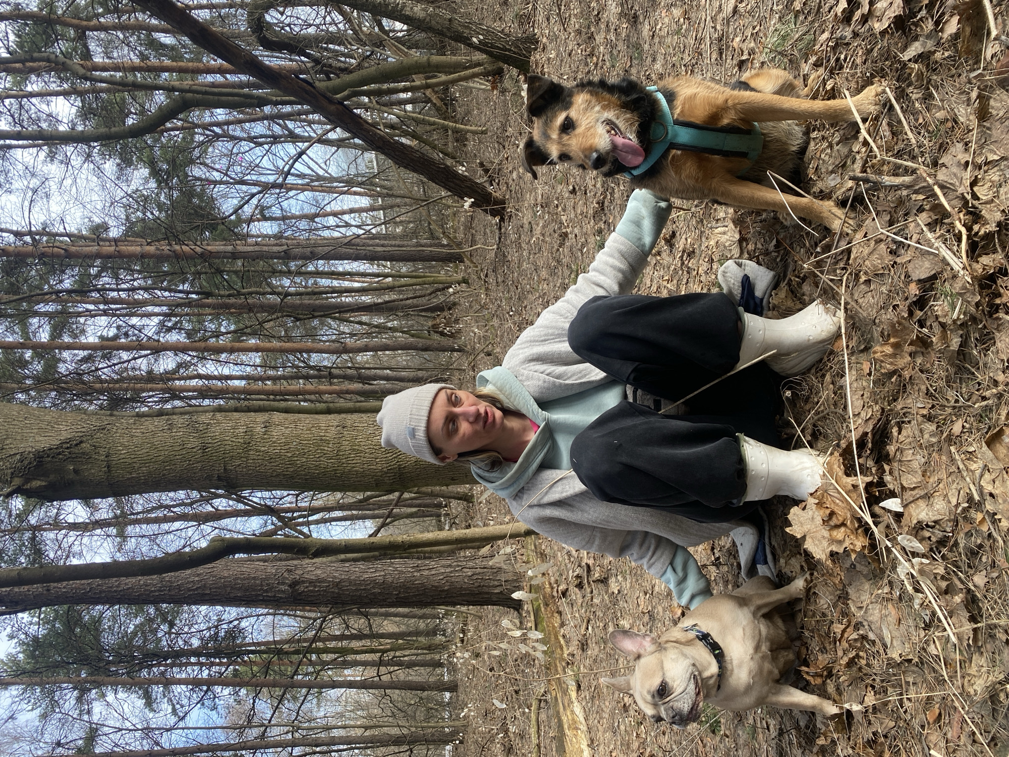 Woman and French bulldog enjoy morning forest outing in Moscow