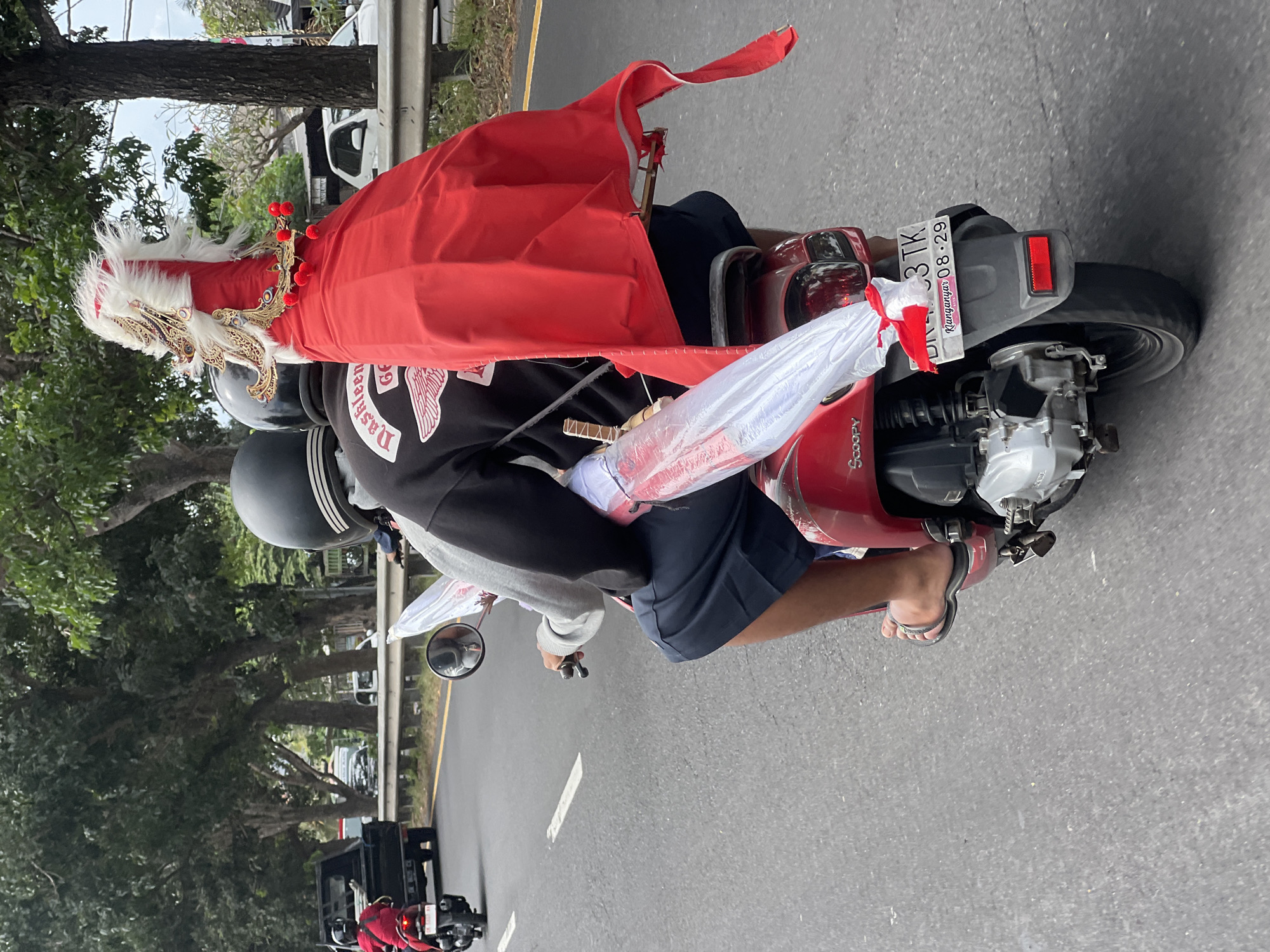 Scooter duo carrying banners through Sukawati streets
