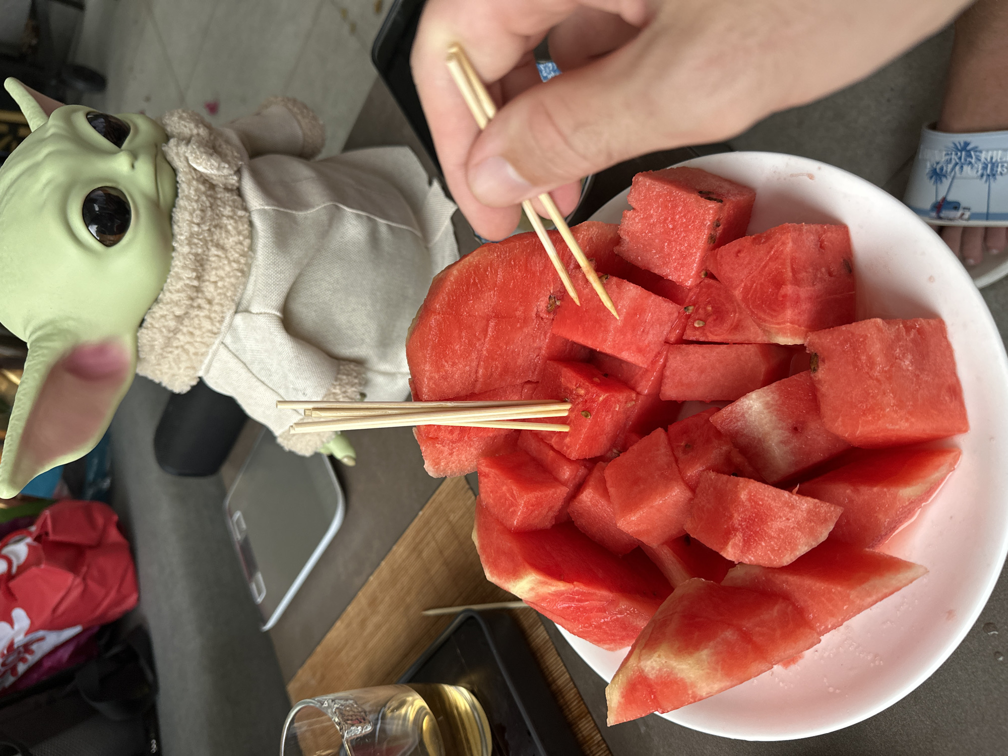 Morning leisure activities documented around pool, garden, and snacks