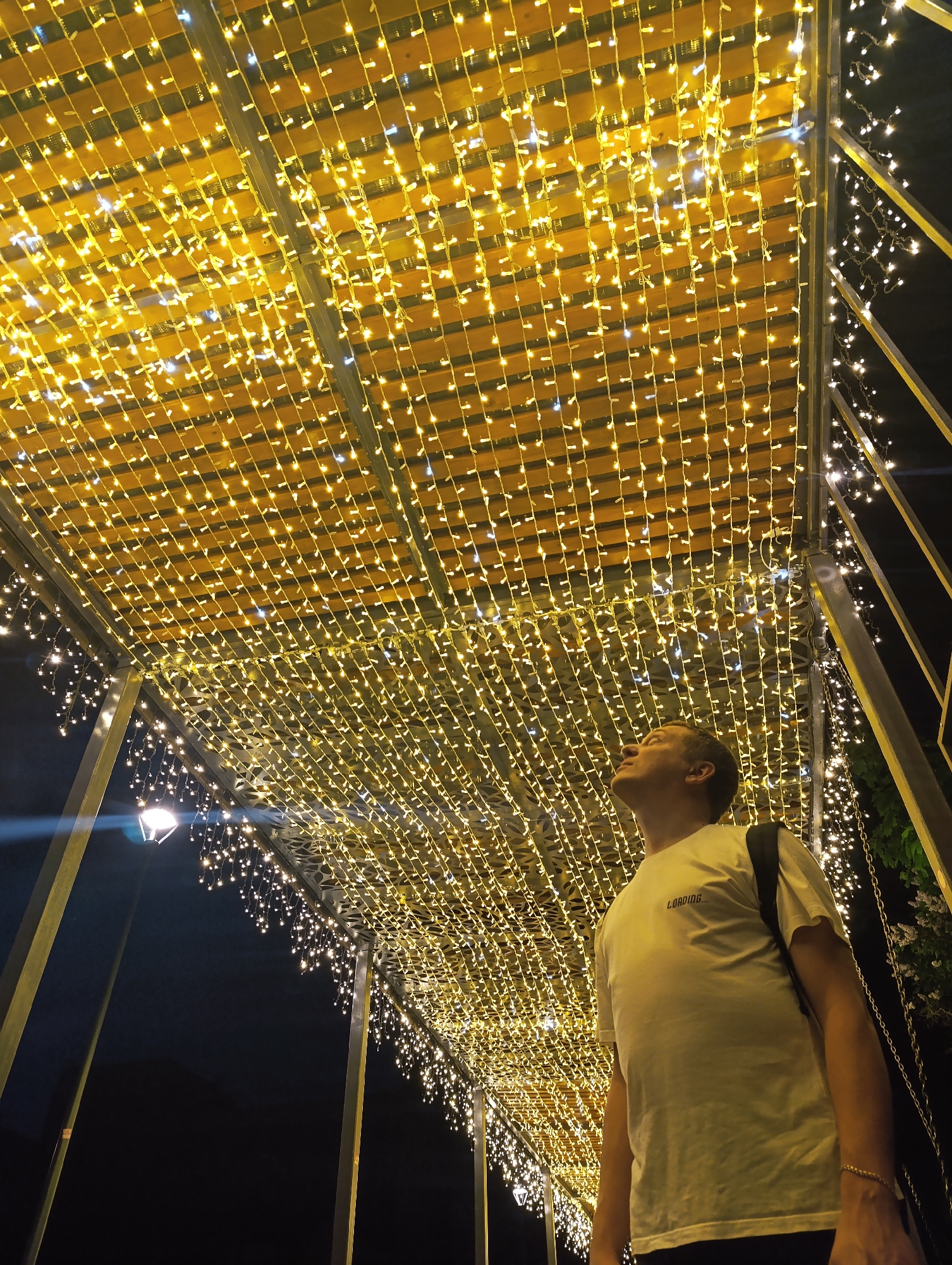Evening stroll under decorative lights in Chernogolovka park