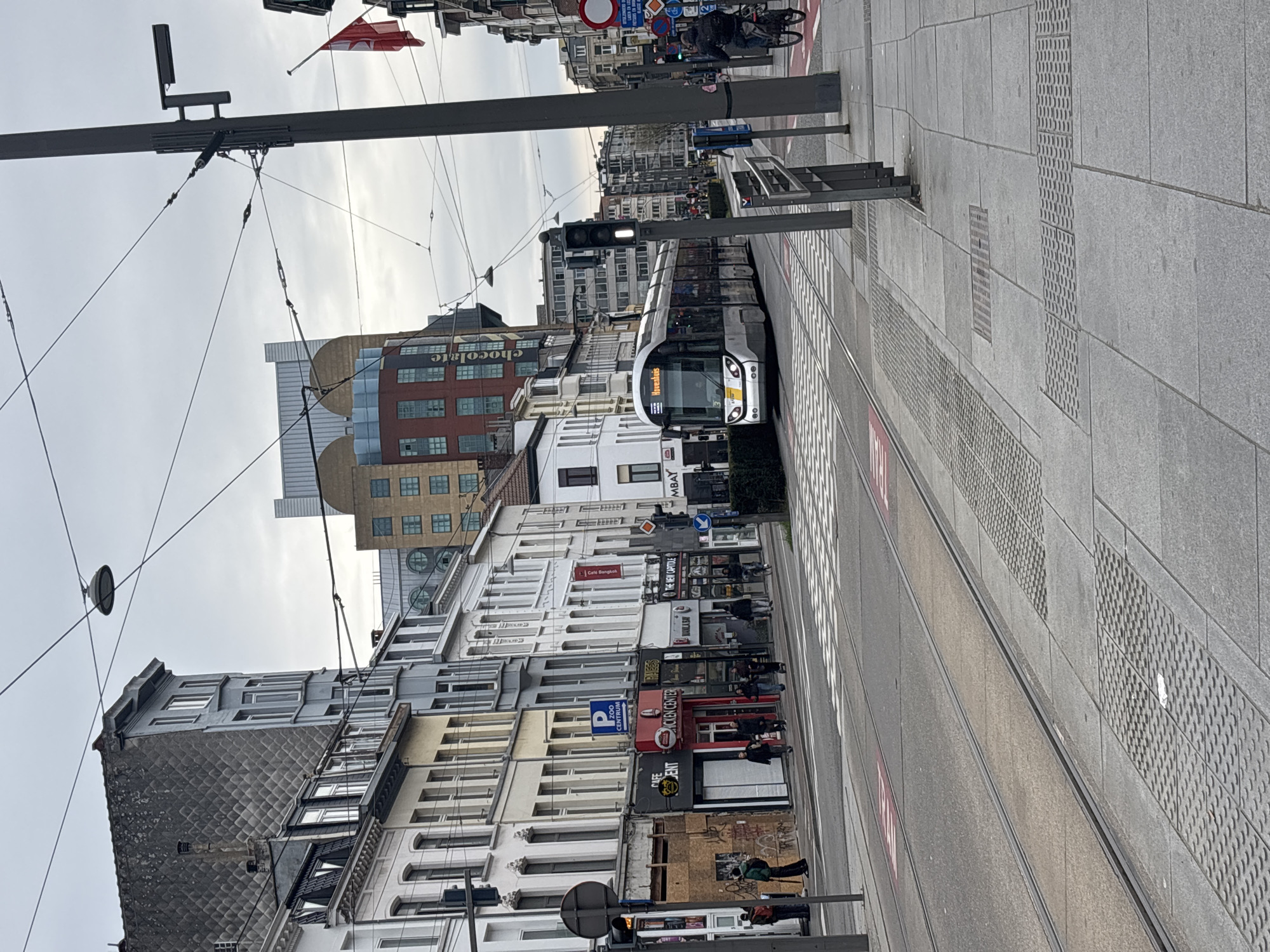 Morning tram scene on commercial street in Antwerp