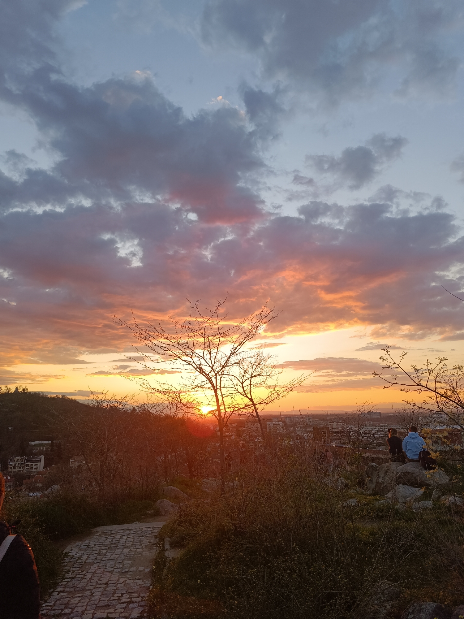 Urban park witnesses capture dramatic sunset with vibrant clouds
